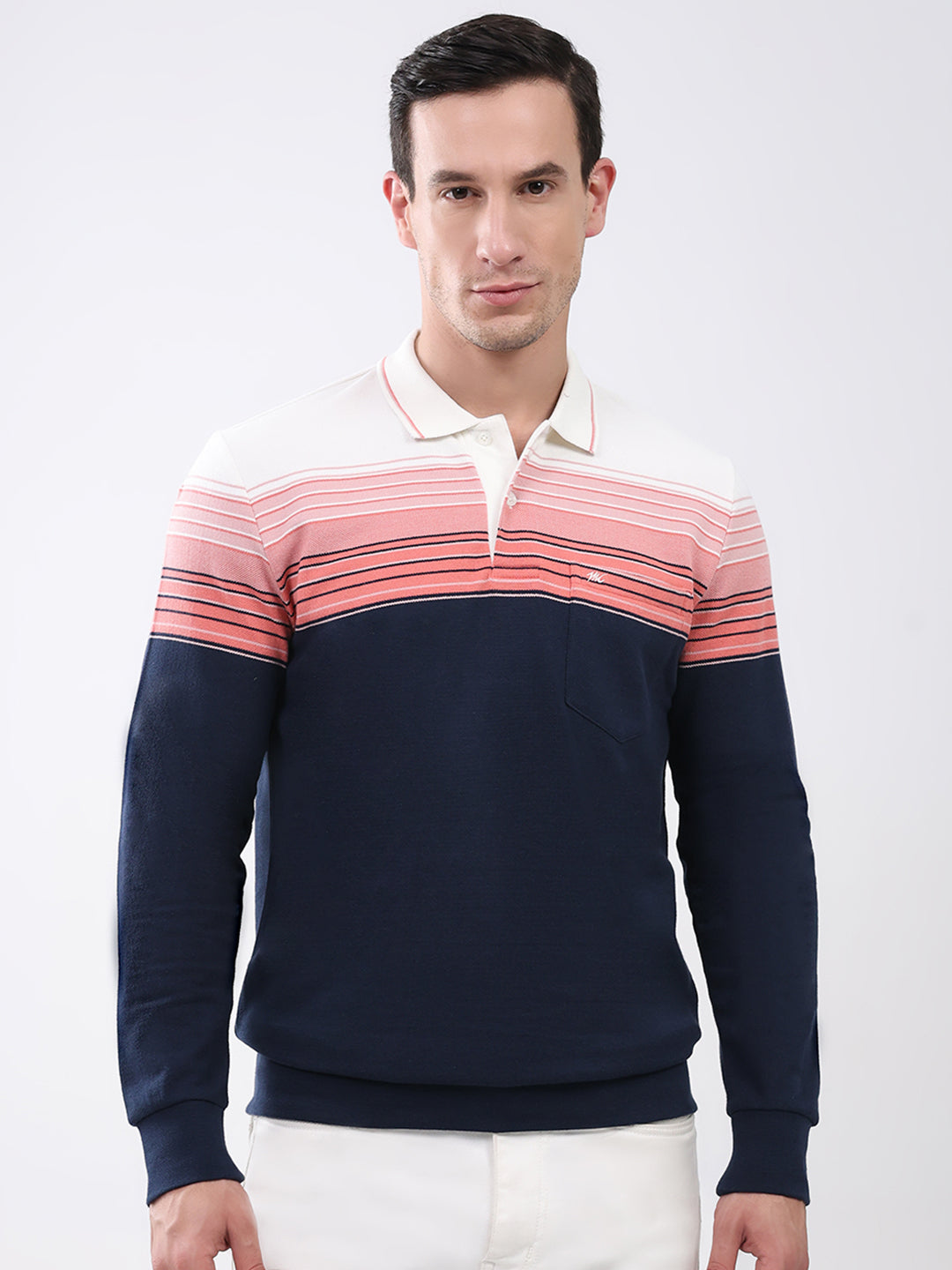 Men Pink & Navy Blue Stripe Collar Full Sleeve Winter T-Shirt