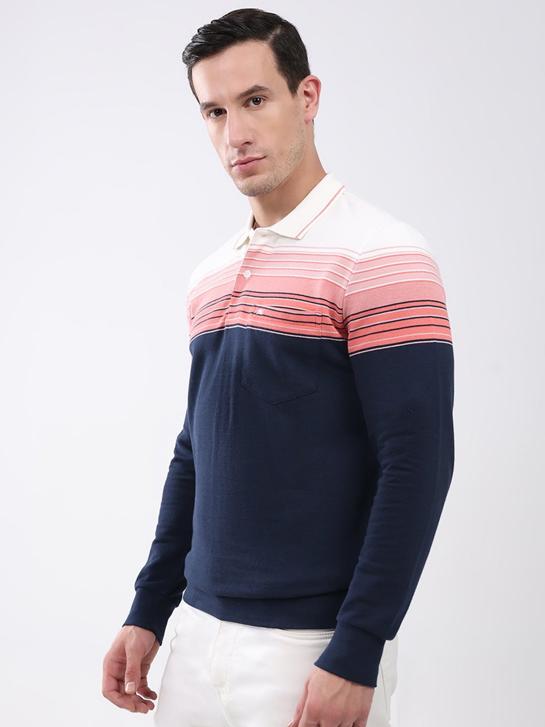 Men Pink & Navy Blue Stripe Collar Full Sleeve Winter T-Shirt