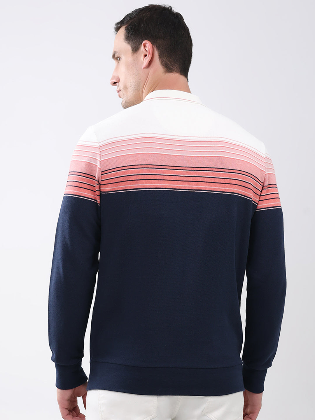 Men Pink & Navy Blue Stripe Collar Full Sleeve Winter T-Shirt