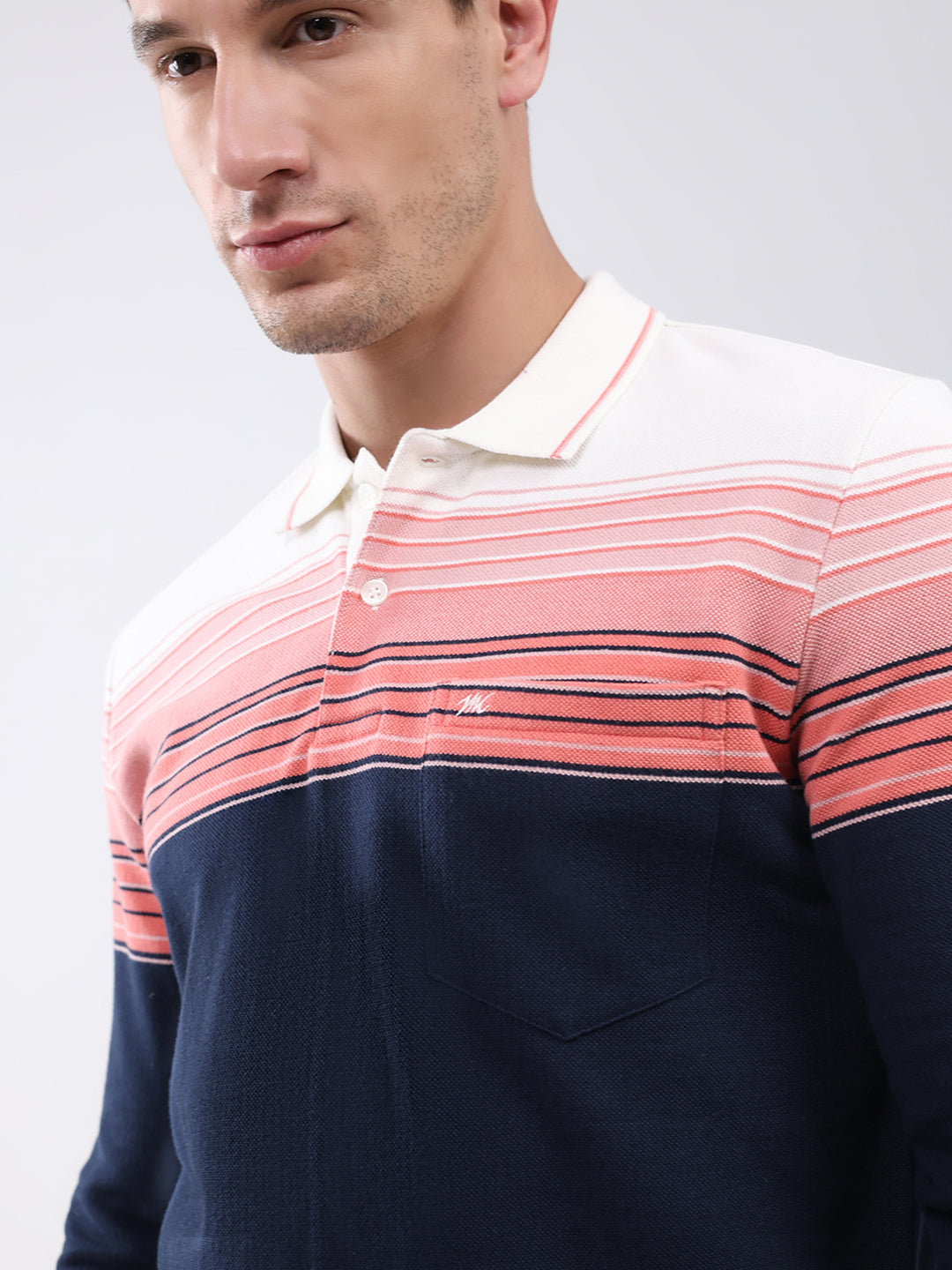 Men Pink & Navy Blue Stripe Collar Full Sleeve Winter T-Shirt