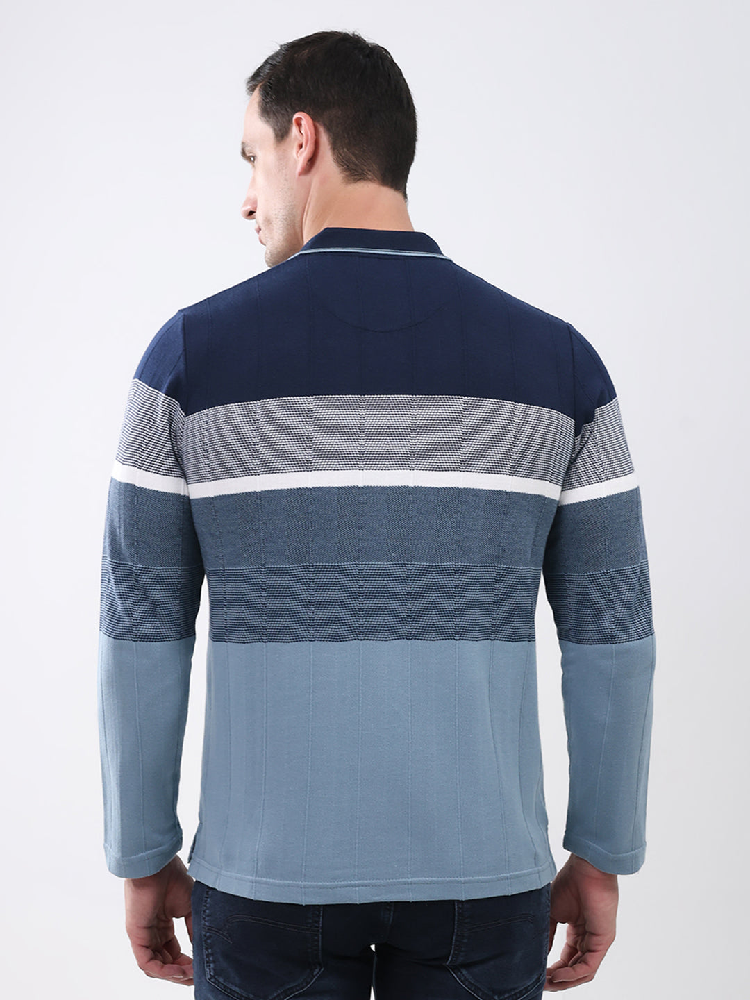 Men Navy Blue Stripe Collar Full Sleeve Winter T-Shirt