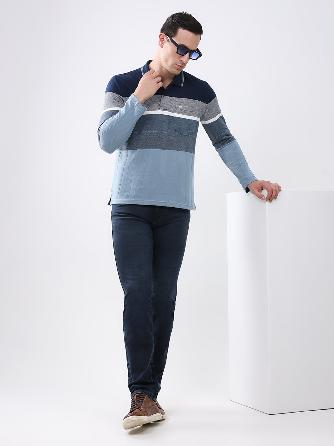 Men Navy Blue Stripe Collar Full Sleeve Winter T-Shirt
