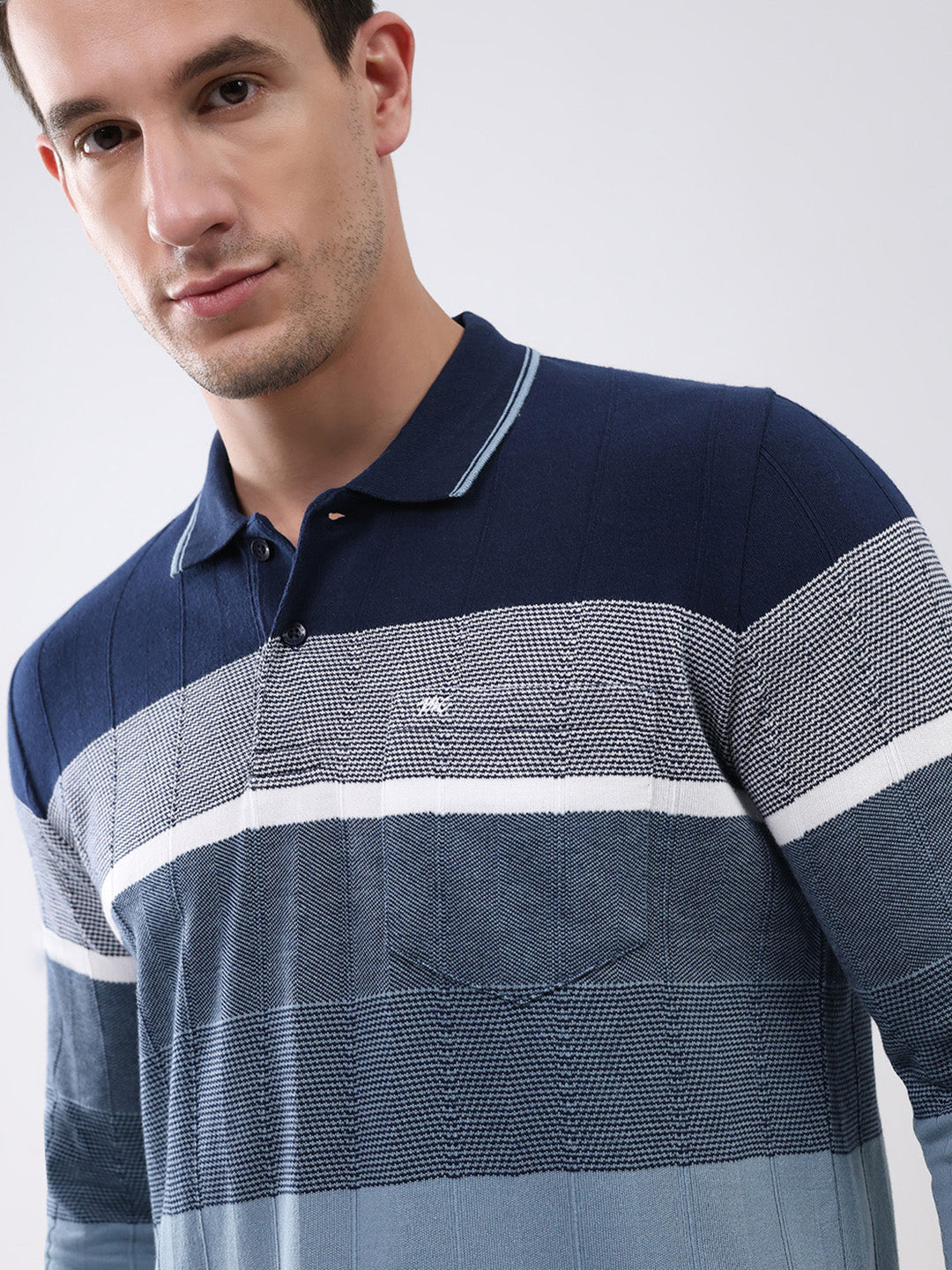 Men Navy Blue Stripe Collar Full Sleeve Winter T-Shirt