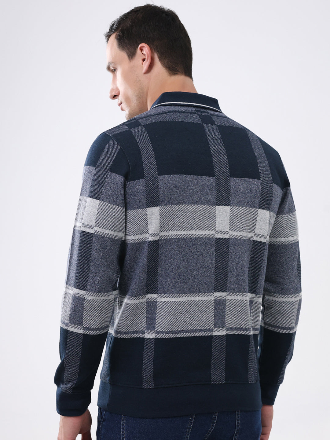 Men Navy Blue Abstract Collar Full Sleeve Winter T-Shirt