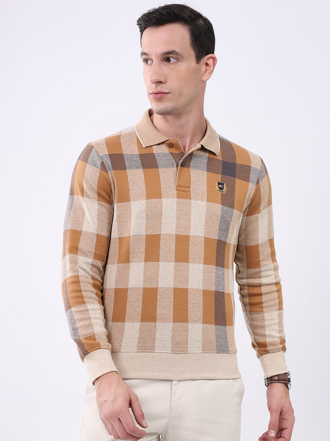 Men Beige Check Collar Full Sleeve Winter T-Shirt