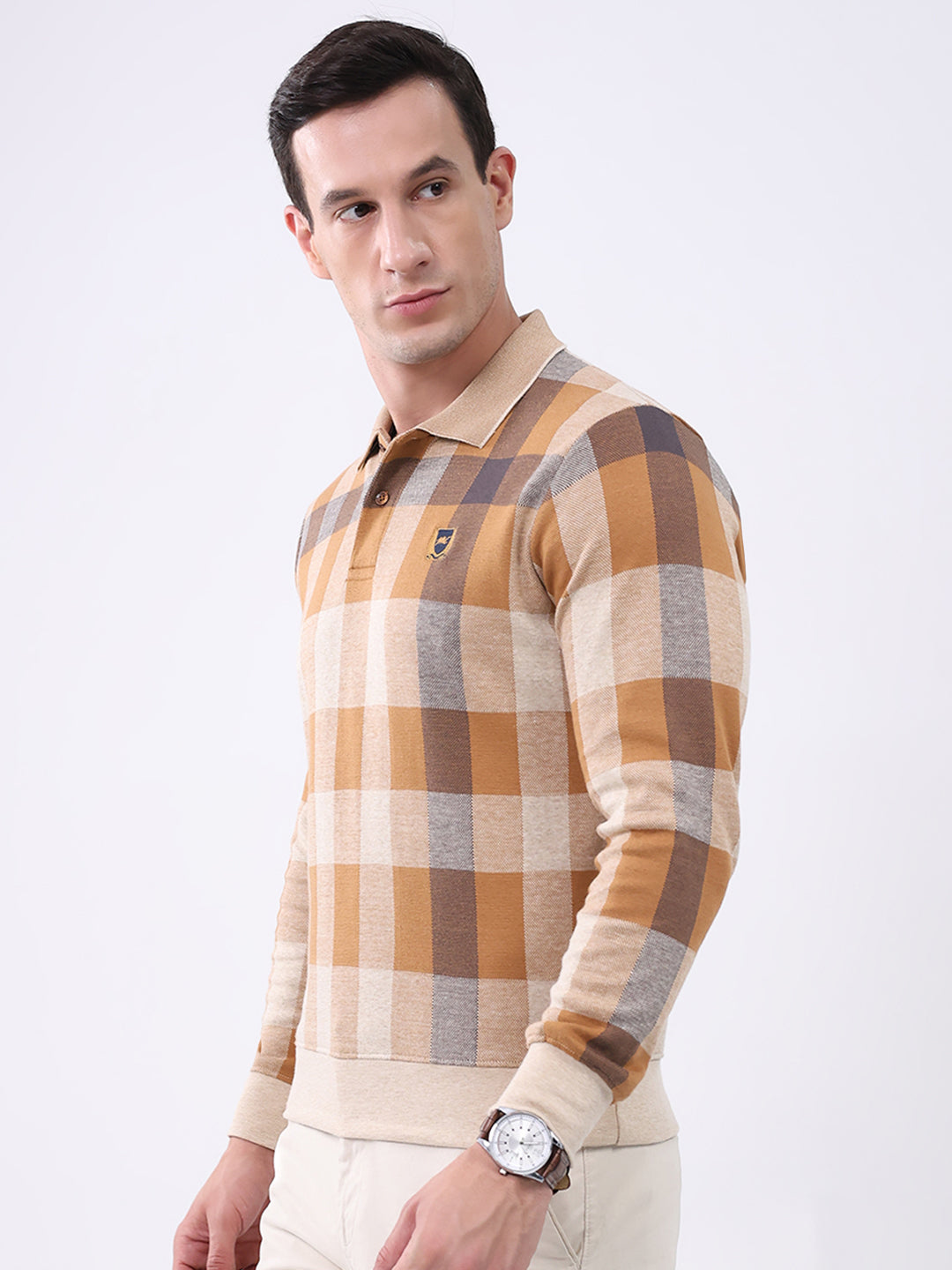 Men Beige Check Collar Full Sleeve Winter T-Shirt