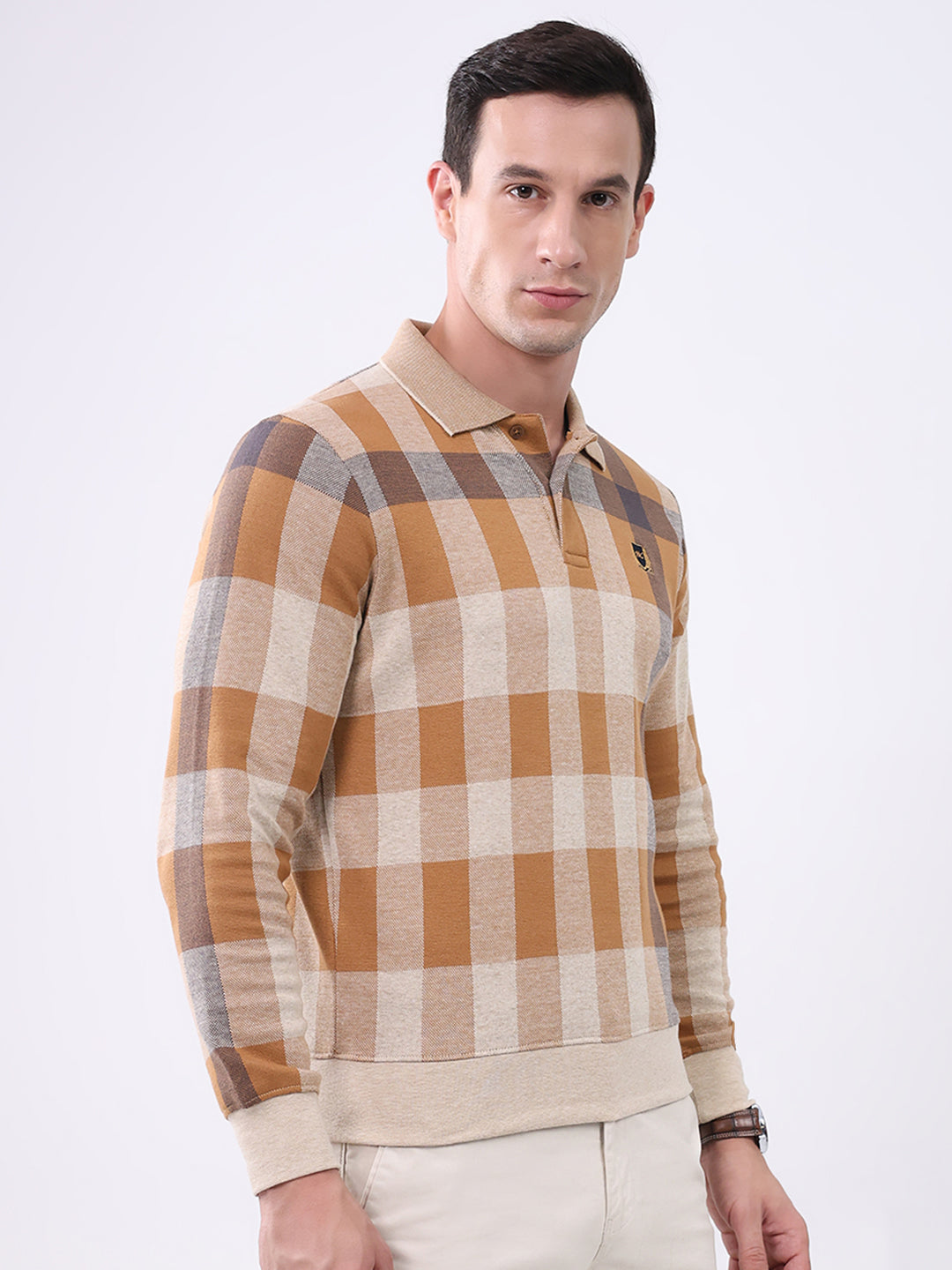 Men Beige Check Collar Full Sleeve Winter T-Shirt