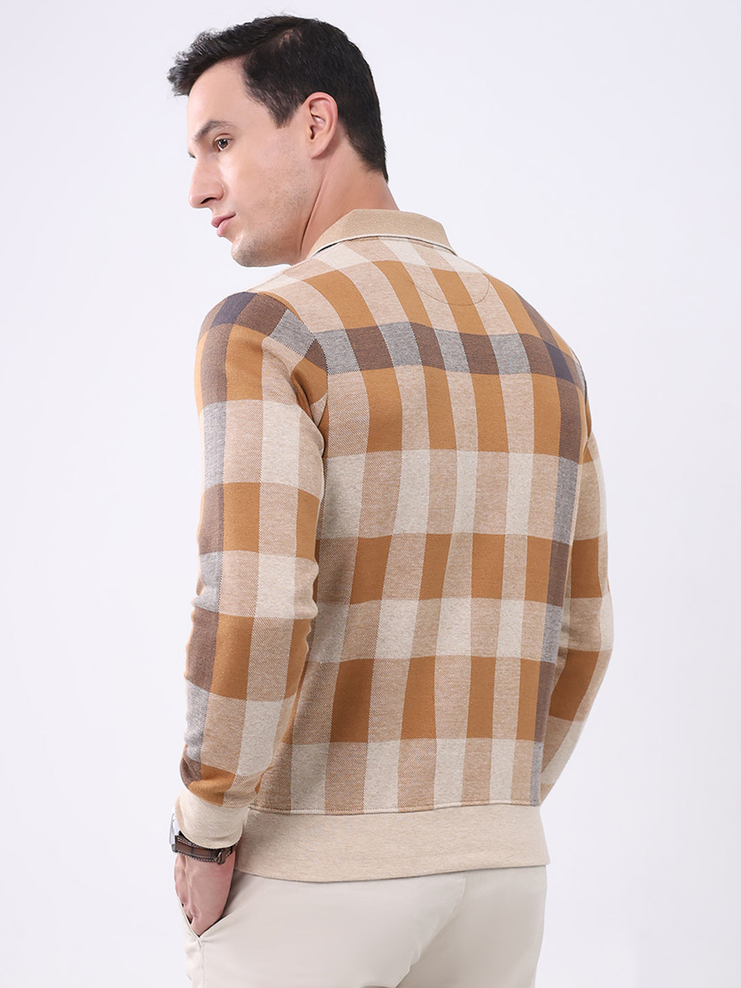 Men Beige Check Collar Full Sleeve Winter T-Shirt
