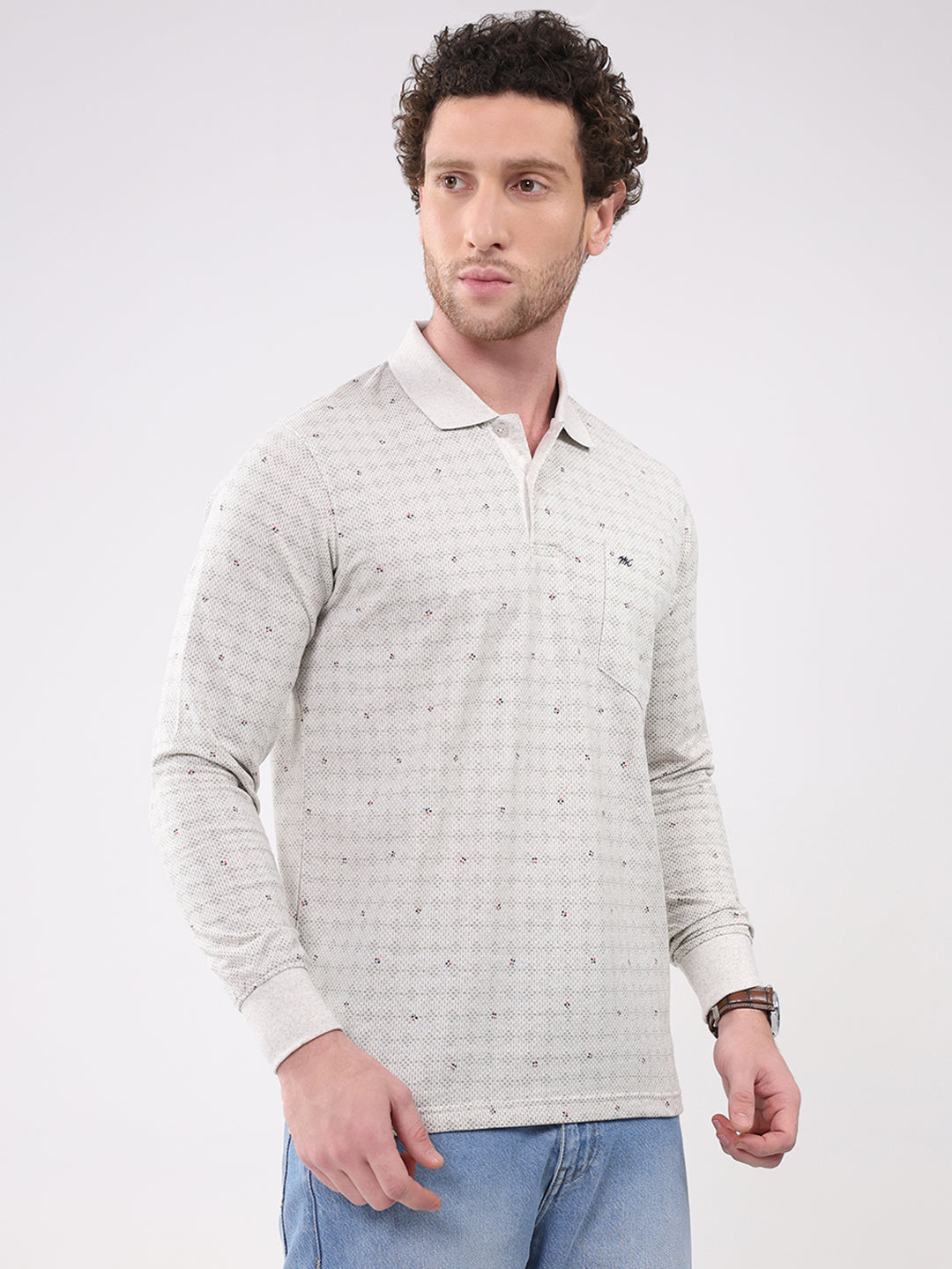 Men White Printed Collar Full Sleeve Winter T-Shirt