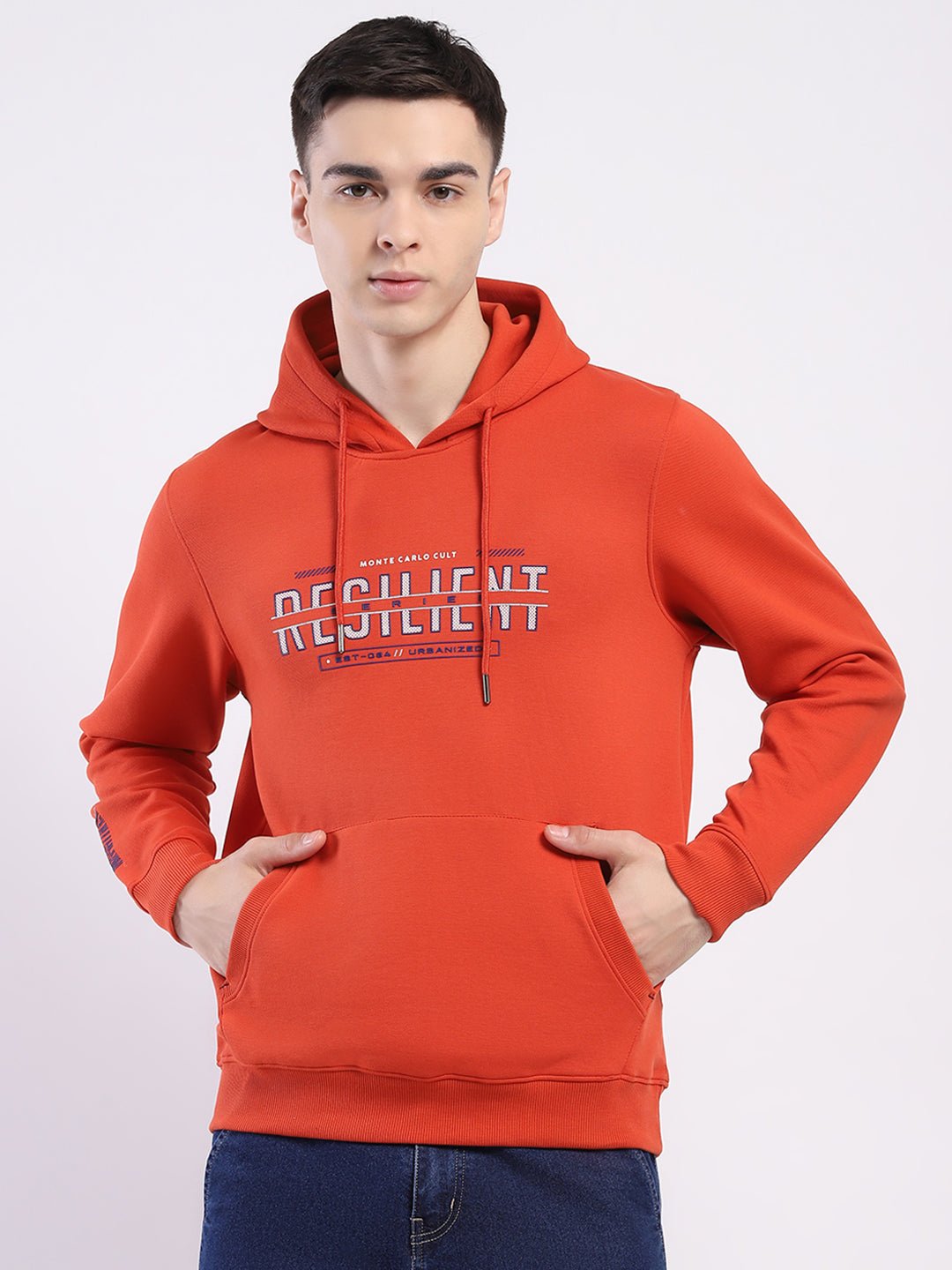 Men Rust Printed Hooded Full Sleeve Winter T-Shirt