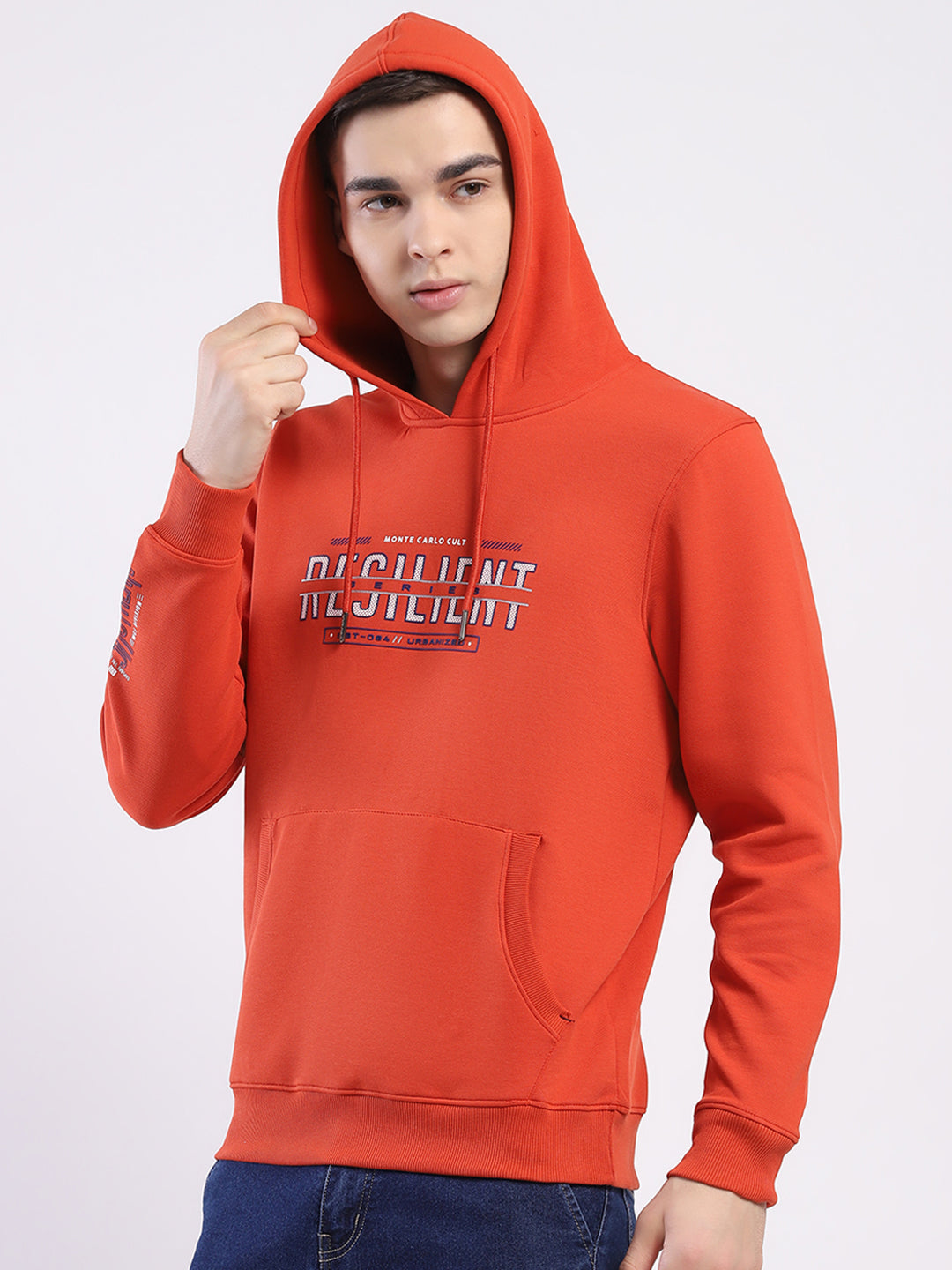 Men Rust Printed Hooded Full Sleeve Winter T-Shirt