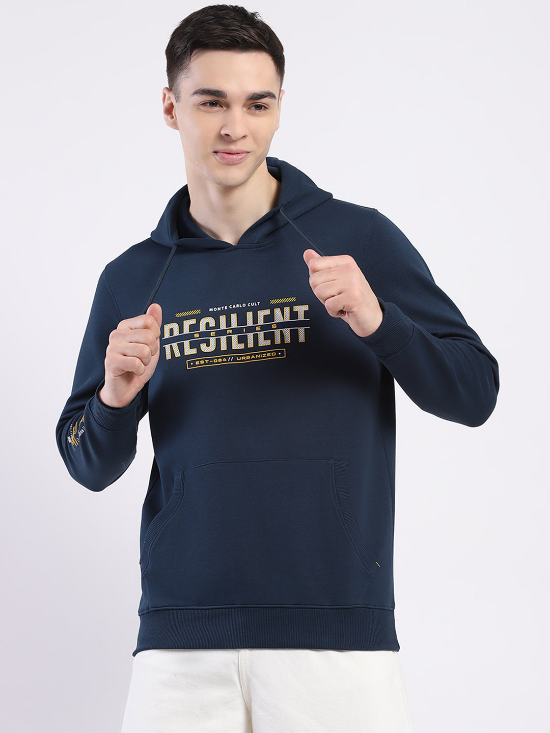 Men Teal Blue Printed Hooded Full Sleeve Winter T-Shirt