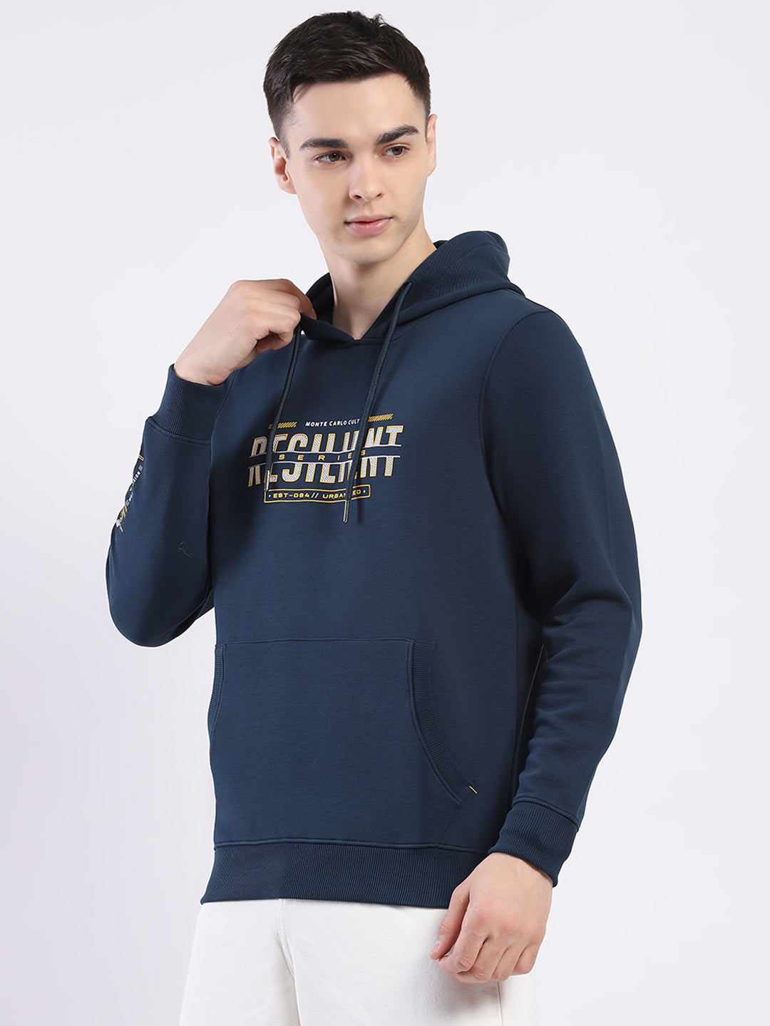 Men Teal Blue Printed Hooded Full Sleeve Winter T-Shirt