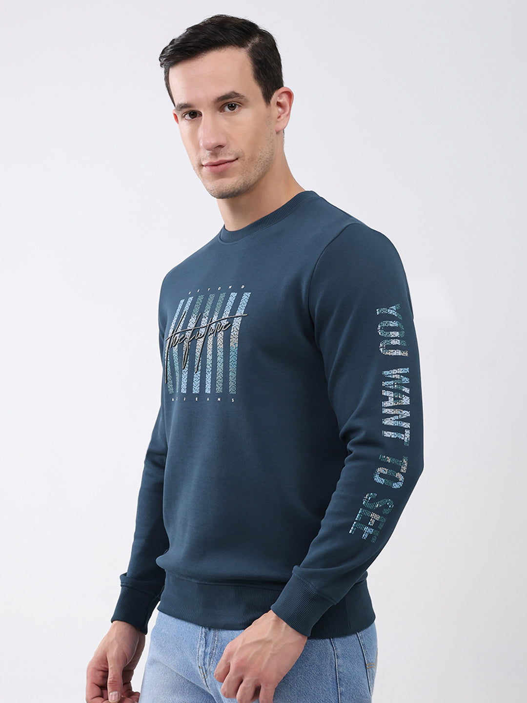 Men Blue Printed Round Neck Full Sleeve Winter T-Shirt
