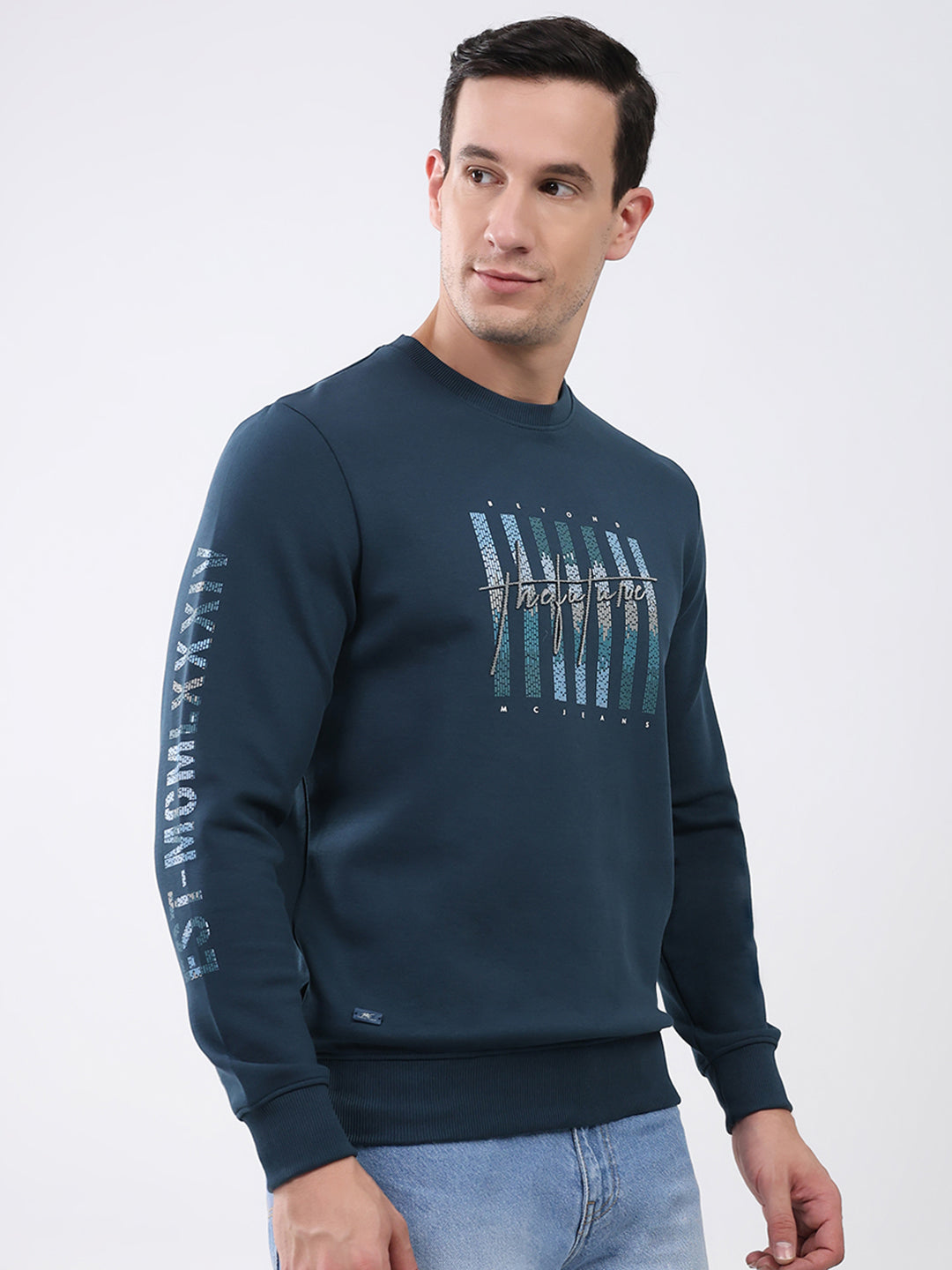 Men Blue Printed Round Neck Full Sleeve Winter T-Shirt