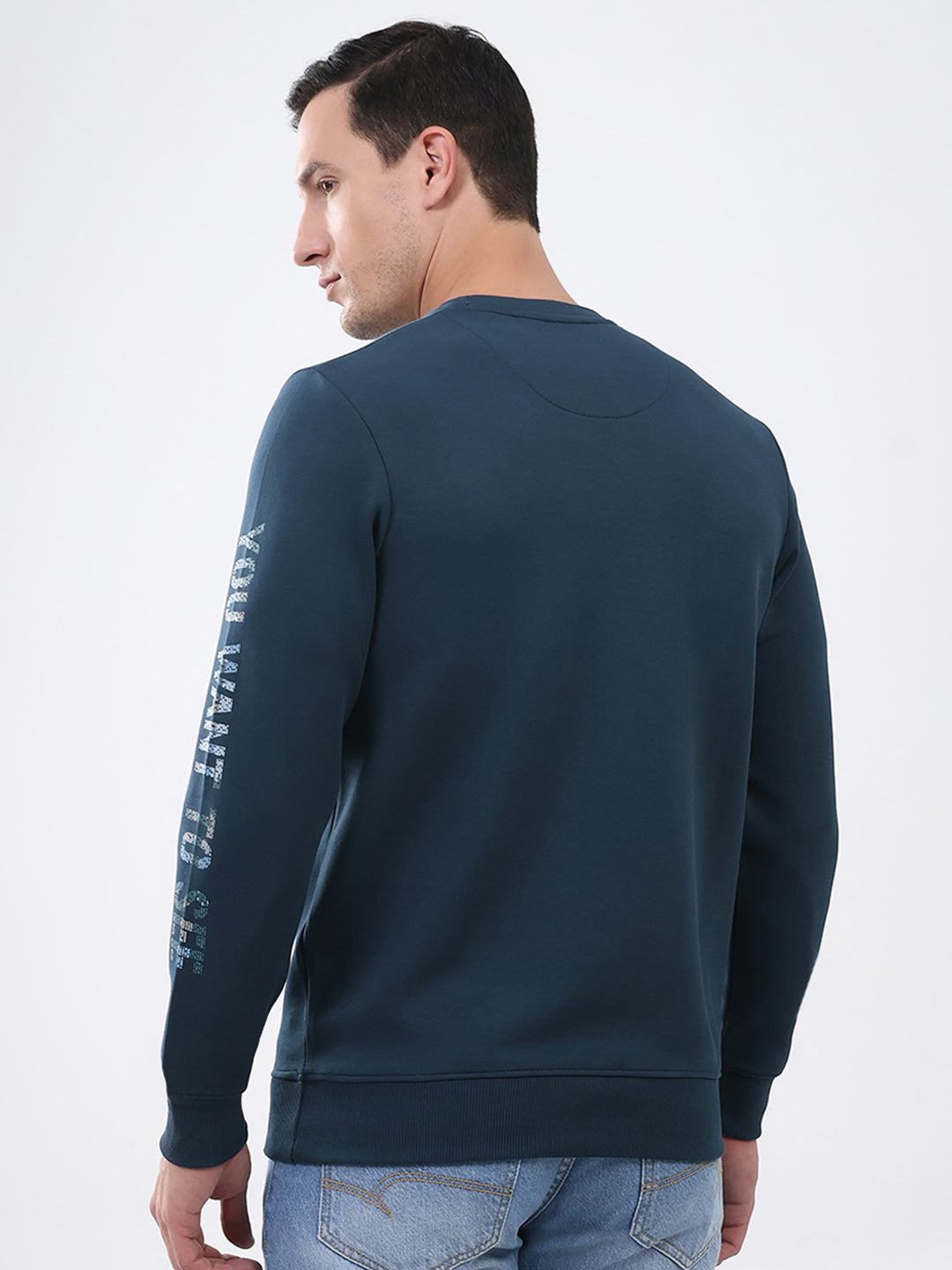 Men Blue Printed Round Neck Full Sleeve Winter T-Shirt