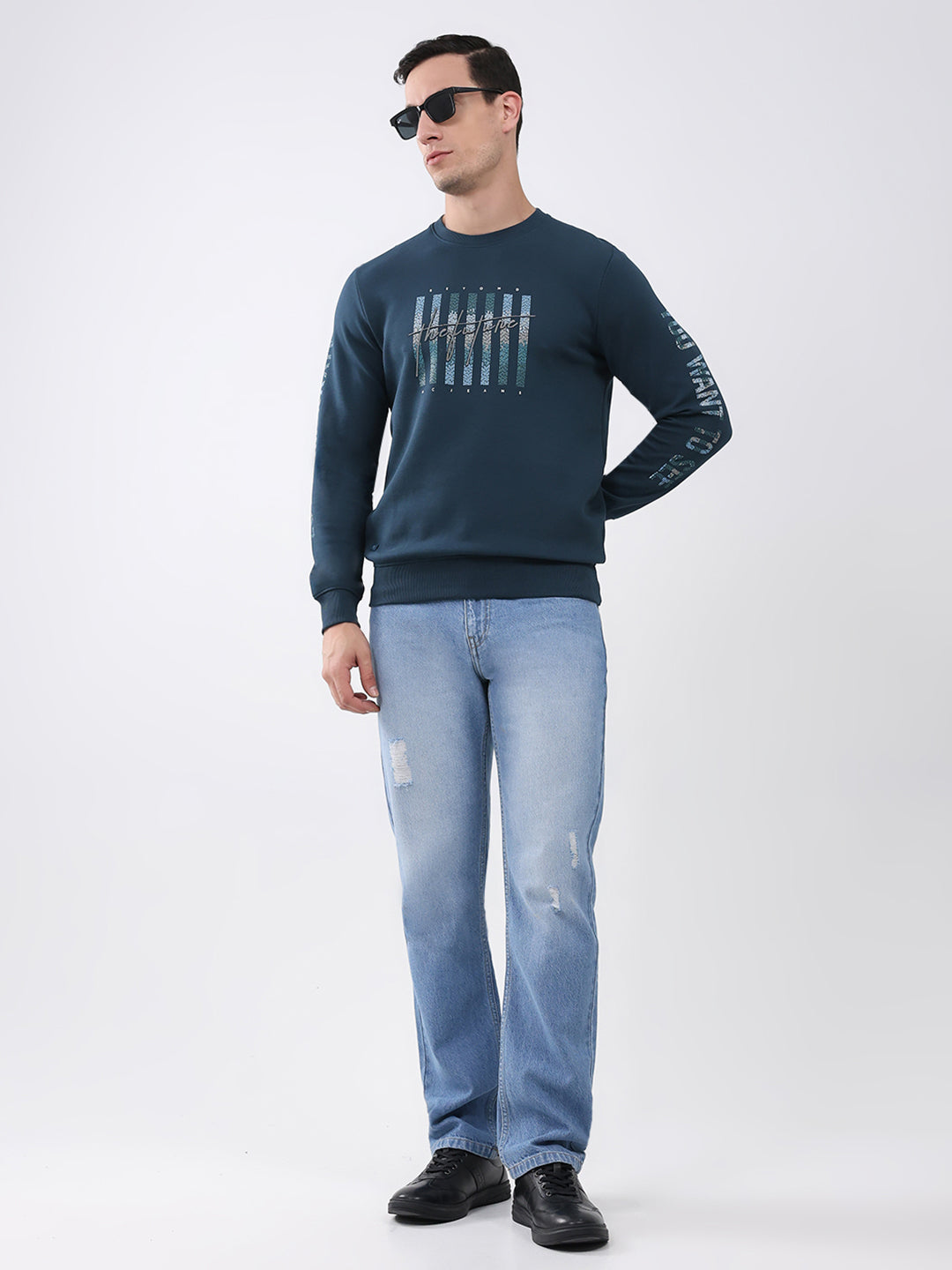 Men Blue Printed Round Neck Full Sleeve Winter T-Shirt
