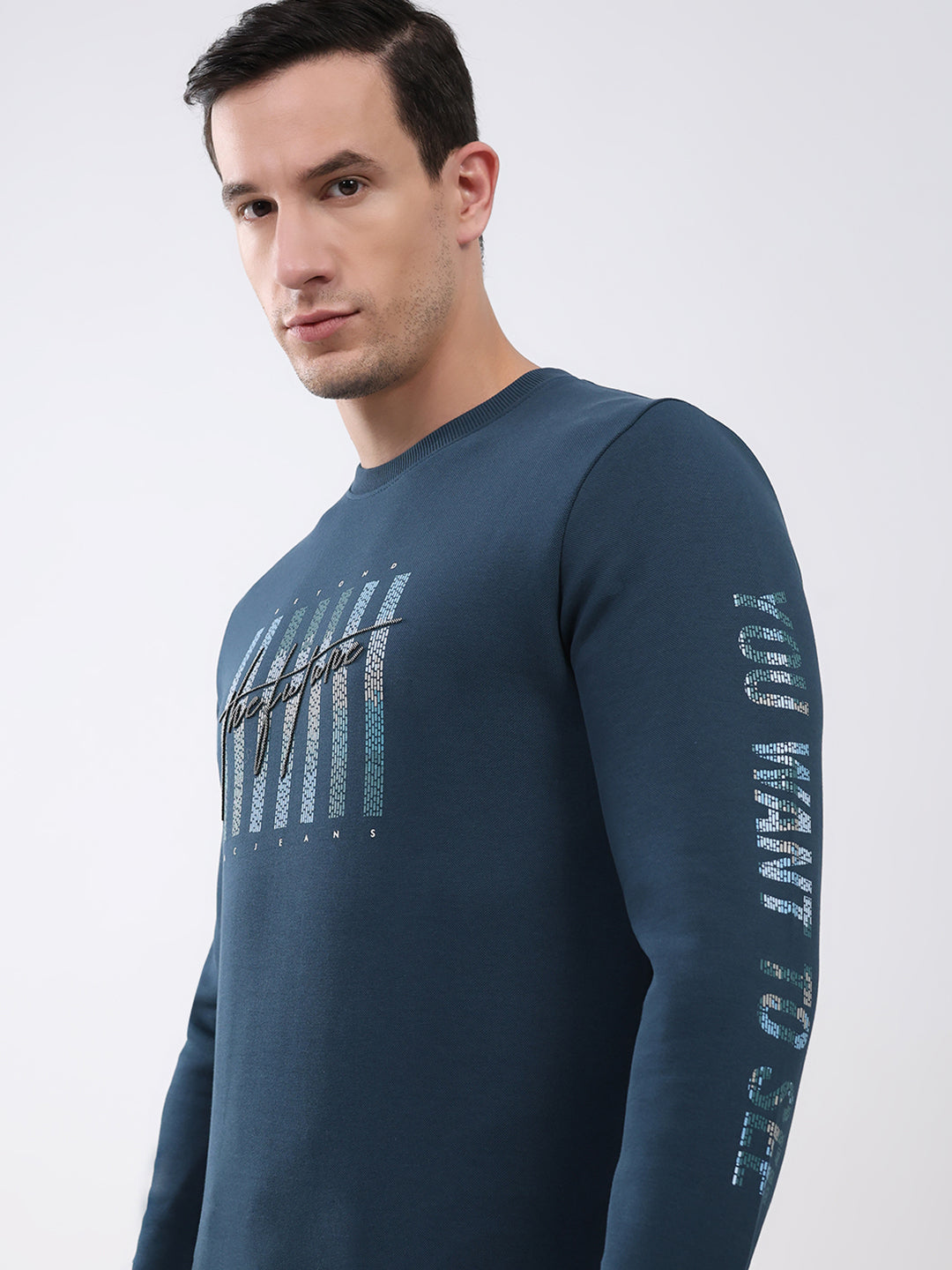 Men Blue Printed Round Neck Full Sleeve Winter T-Shirt