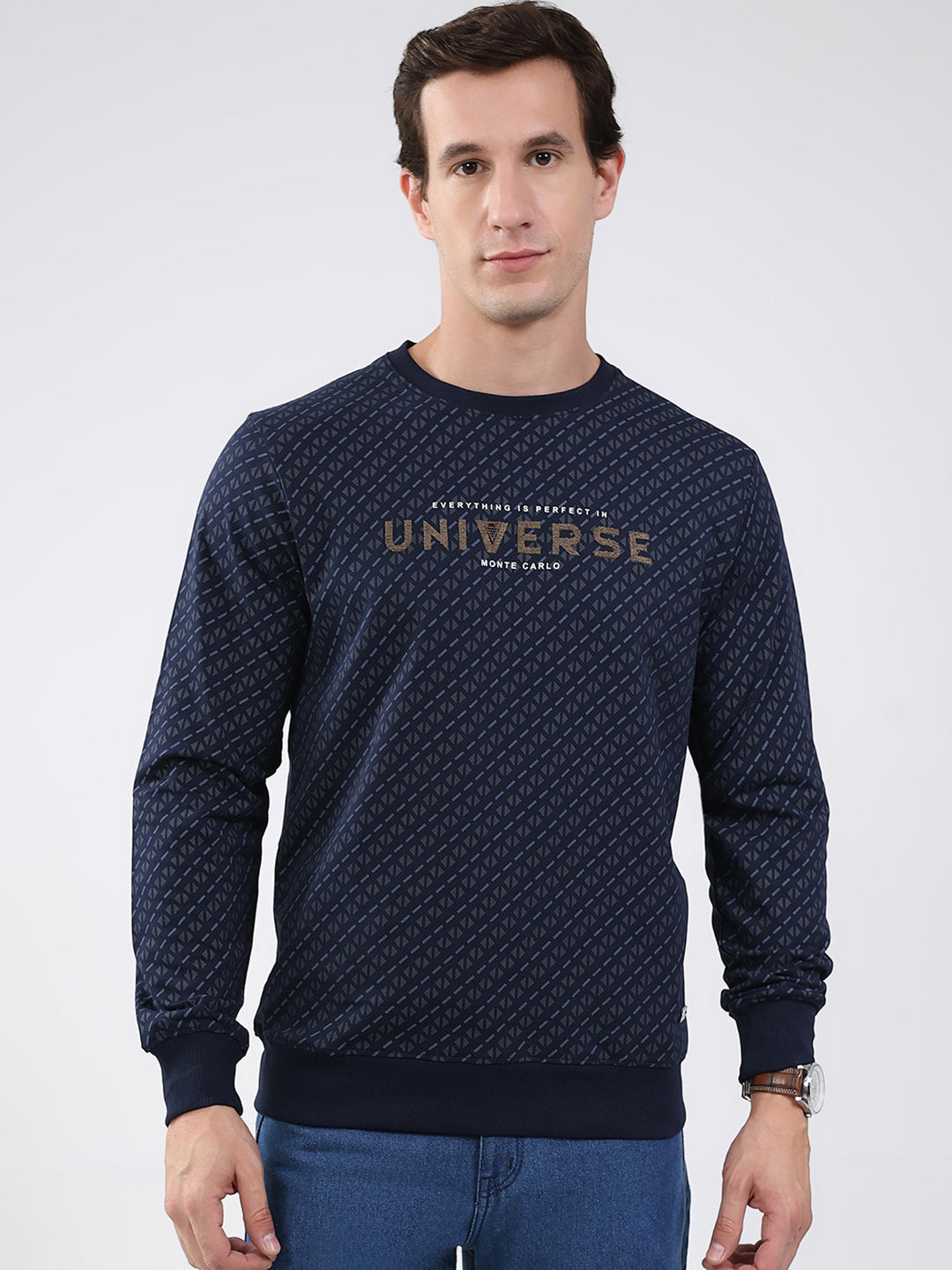 Men Navy Blue Printed Round Neck Full Sleeve Winter T-Shirt
