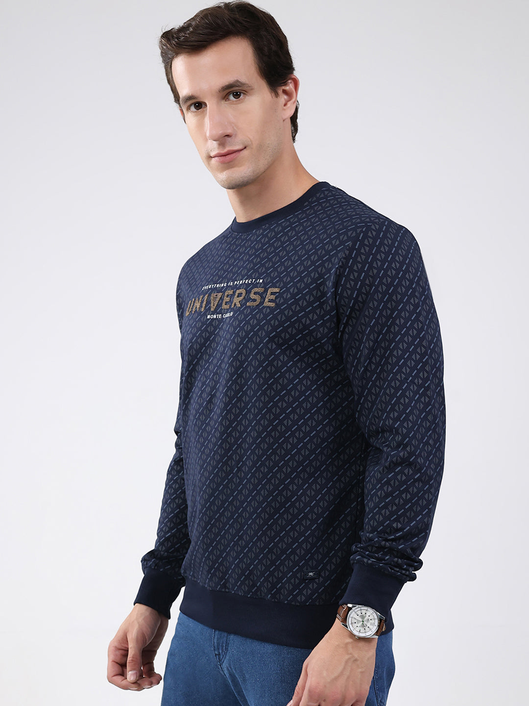 Men Navy Blue Printed Round Neck Full Sleeve Winter T-Shirt