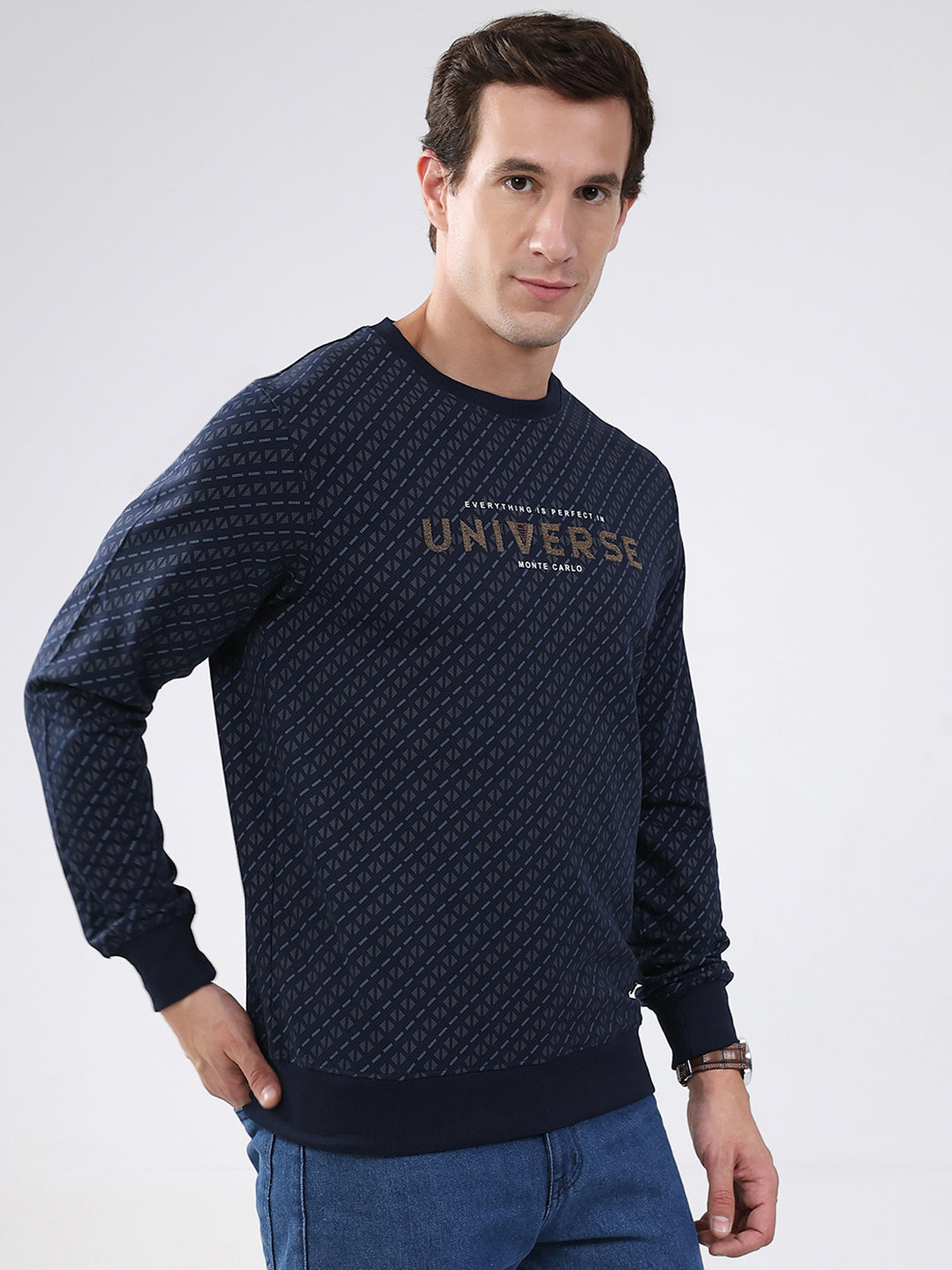 Men Navy Blue Printed Round Neck Full Sleeve Winter T-Shirt