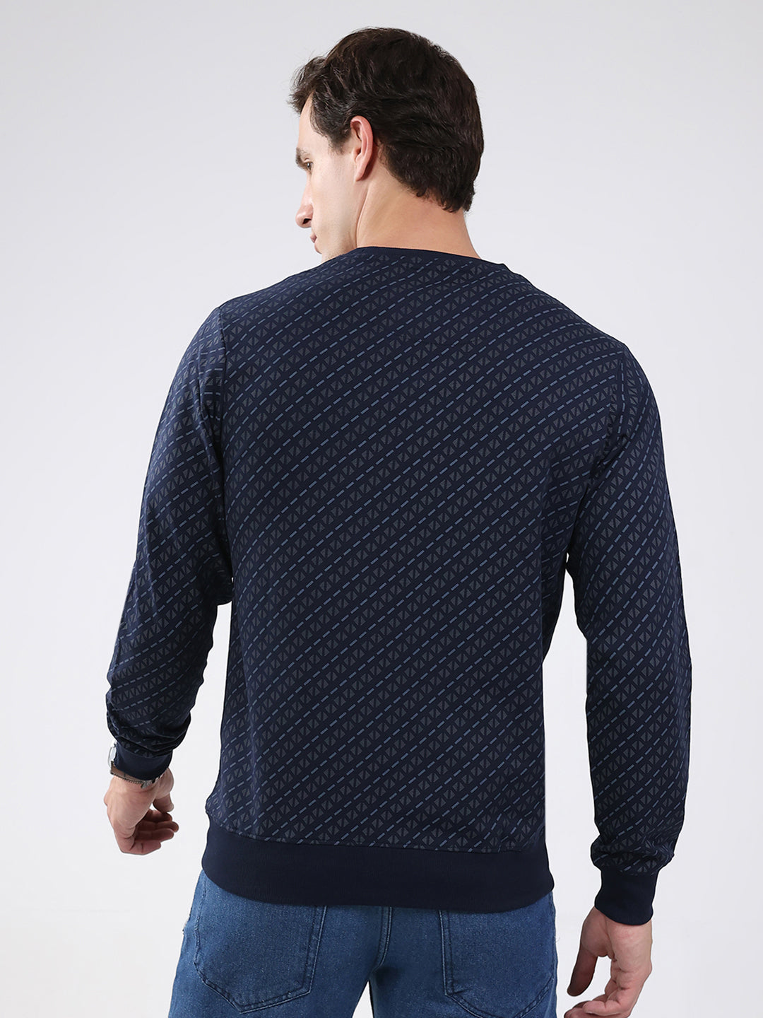 Men Navy Blue Printed Round Neck Full Sleeve Winter T-Shirt