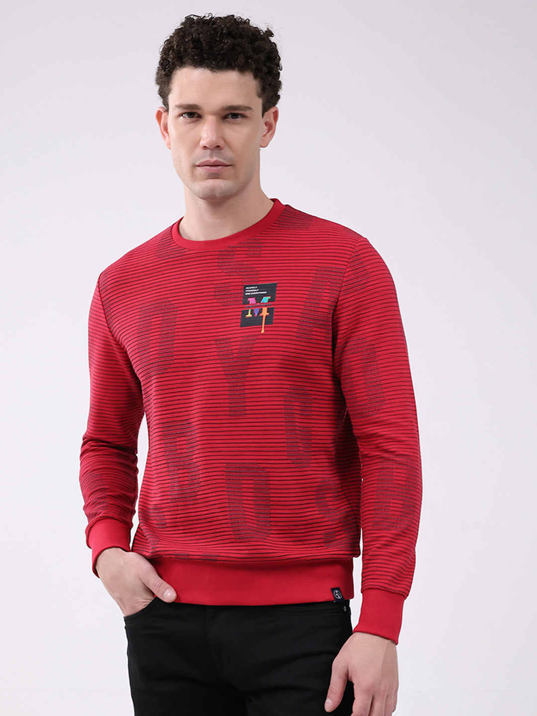 Men Red Printed Round Neck Full Sleeve Winter T-Shirt
