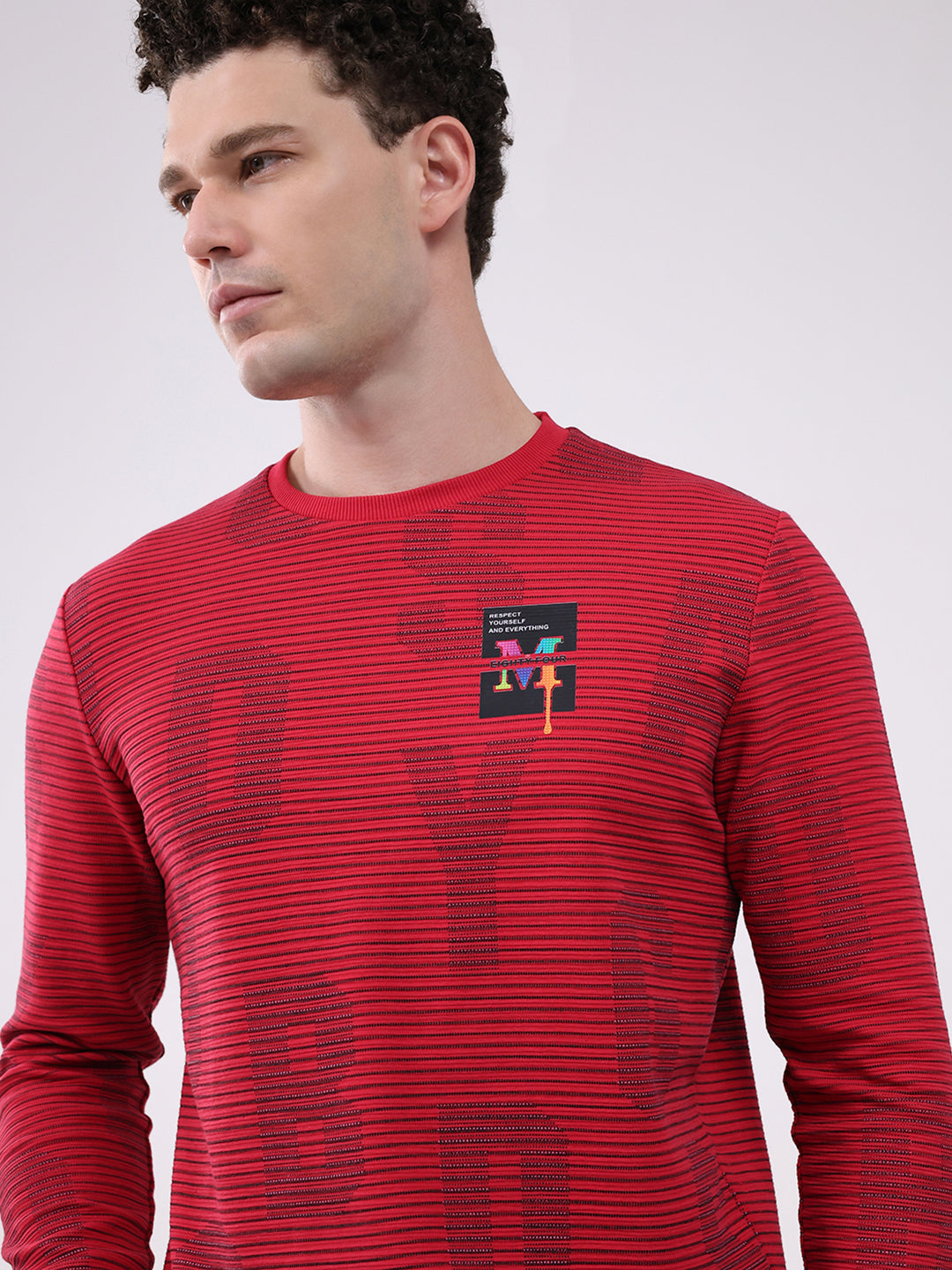 Men Red Printed Round Neck Full Sleeve Winter T-Shirt