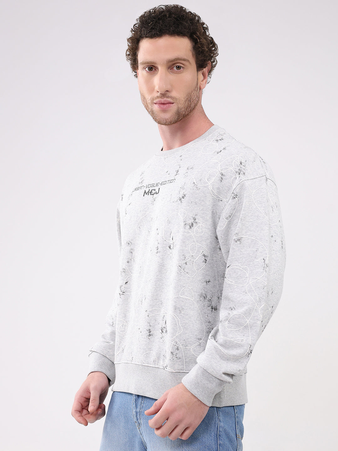 Men Grey Printed Round Neck Full Sleeve Winter T-Shirt