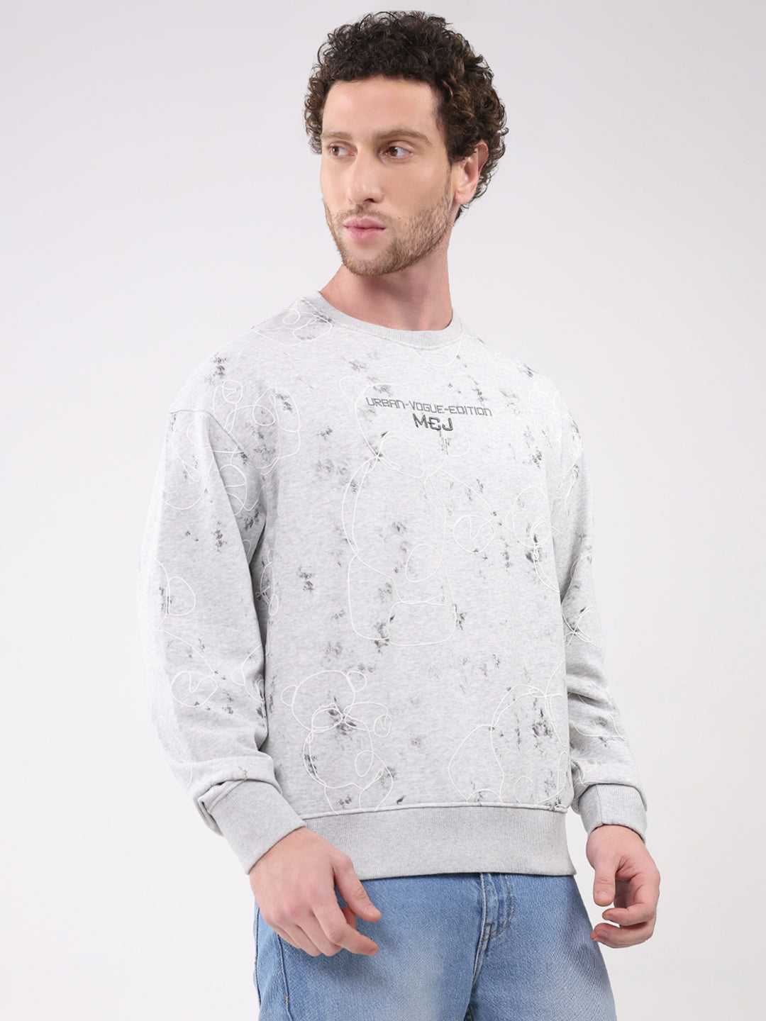 Men Grey Printed Round Neck Full Sleeve Winter T-Shirt