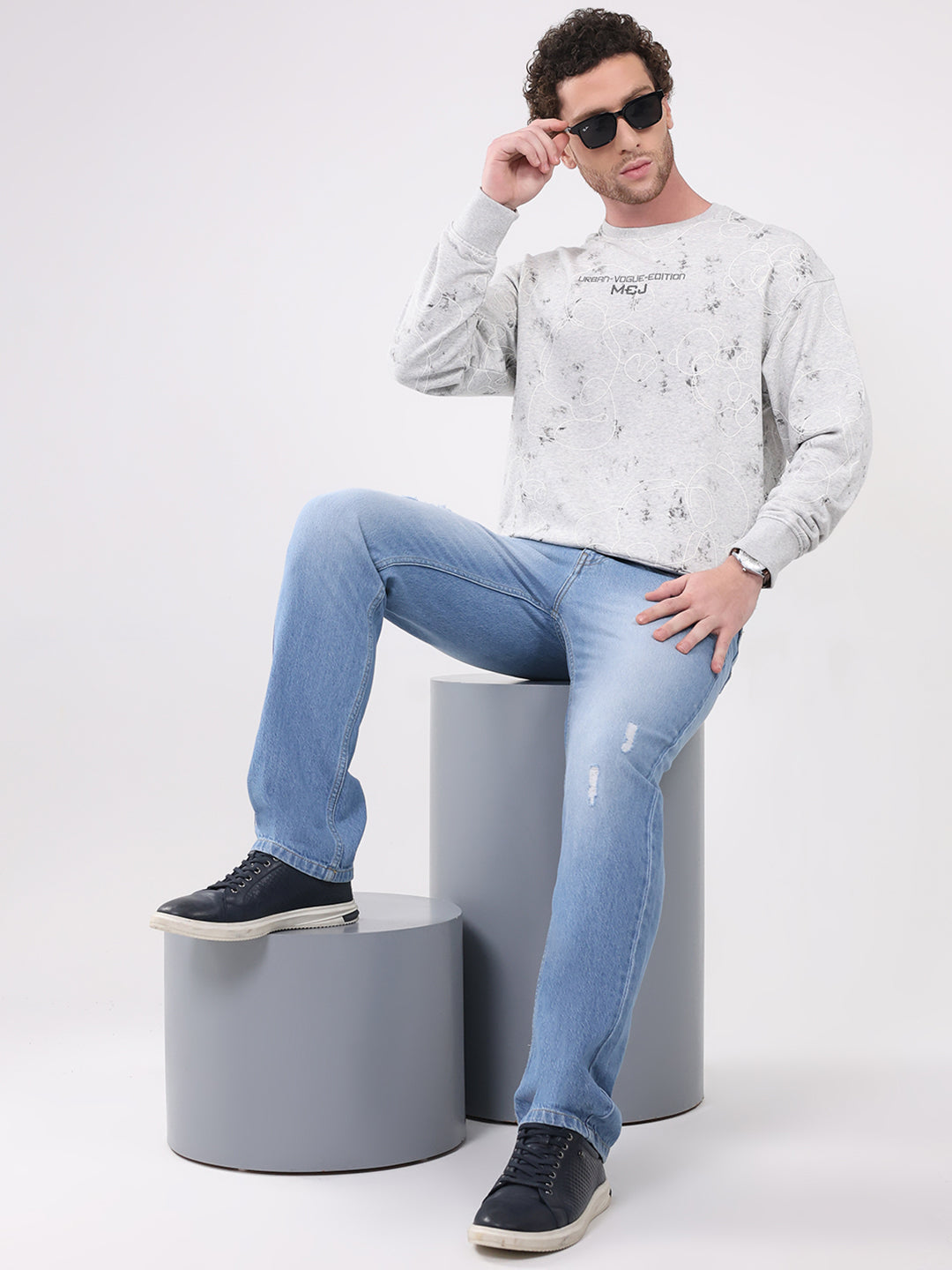 Men Grey Printed Round Neck Full Sleeve Winter T-Shirt