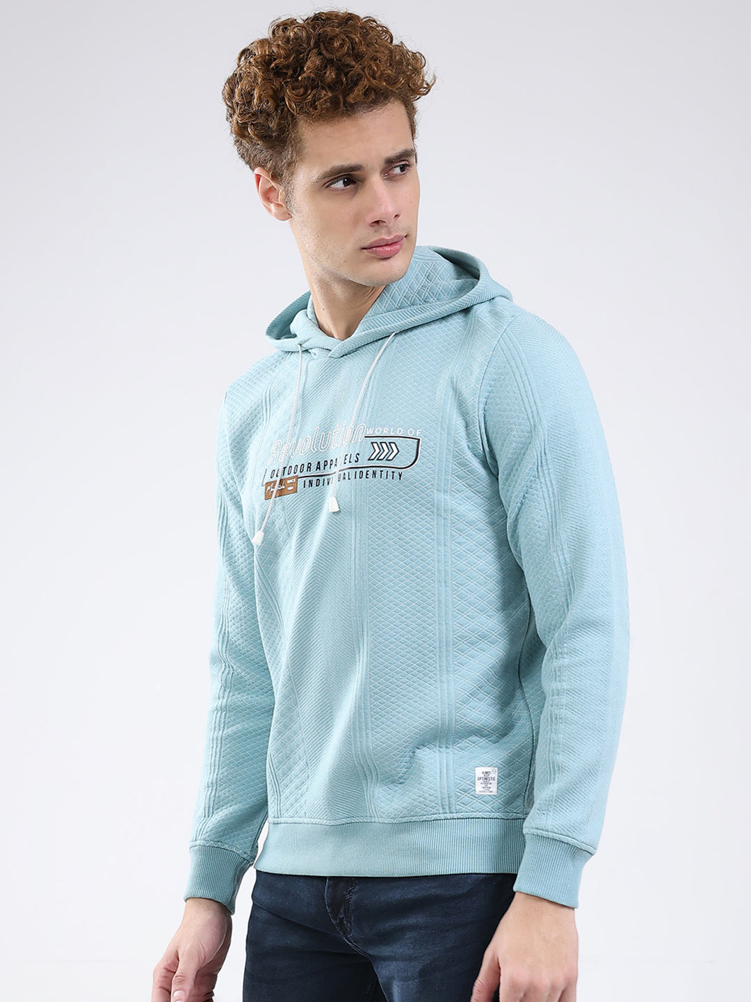 Men Blue Printed Hooded Full Sleeve Sweatshirt