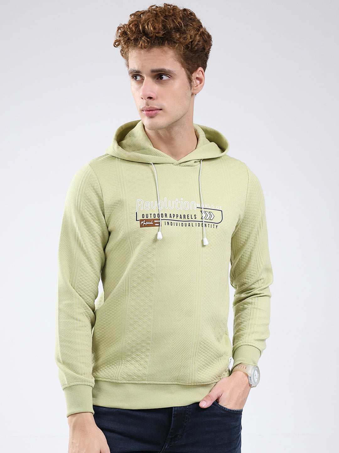 Men Green Printed Hooded Full Sleeve Sweatshirt