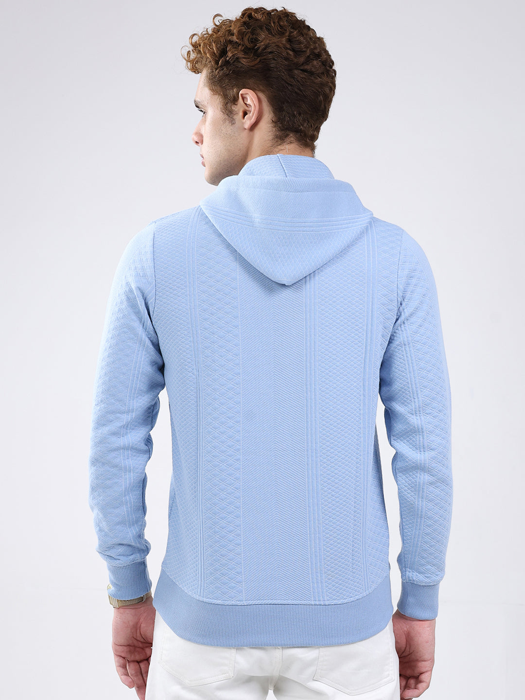 Men Sky Blue Printed Hooded Full Sleeve Sweatshirt