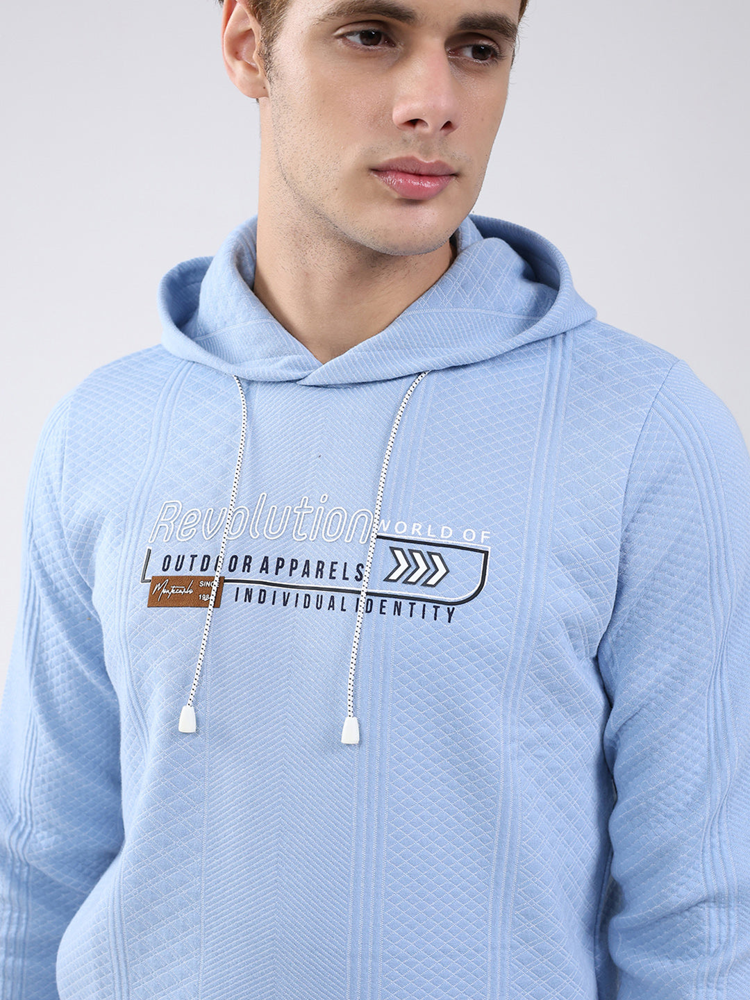 Men Sky Blue Printed Hooded Full Sleeve Sweatshirt