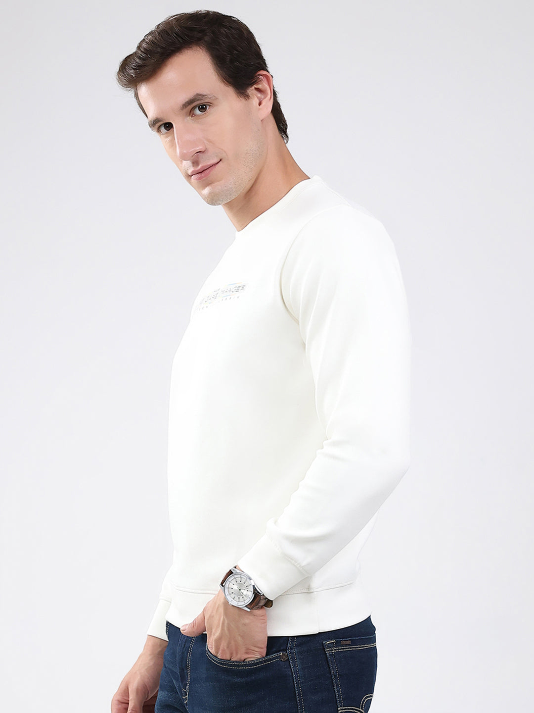 Men White Solid Round Neck Full Sleeve Sweatshirt