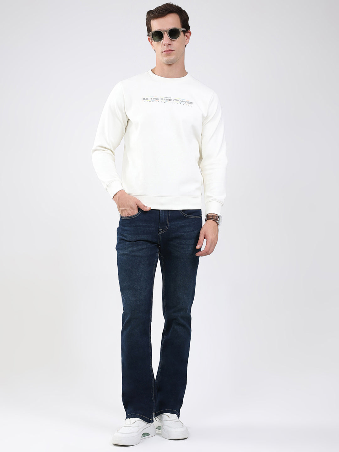 Men White Solid Round Neck Full Sleeve Sweatshirt