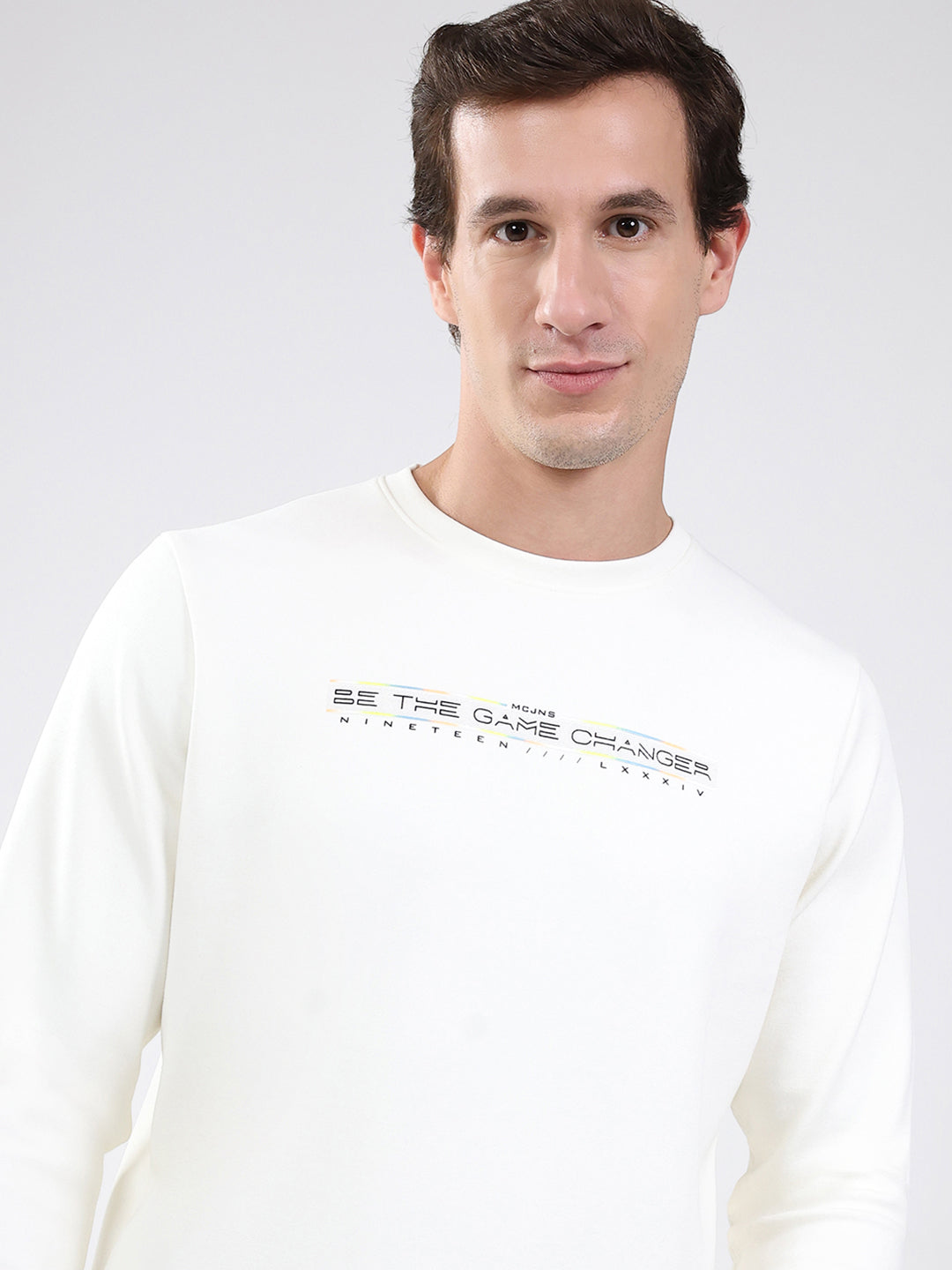 Men White Solid Round Neck Full Sleeve Sweatshirt