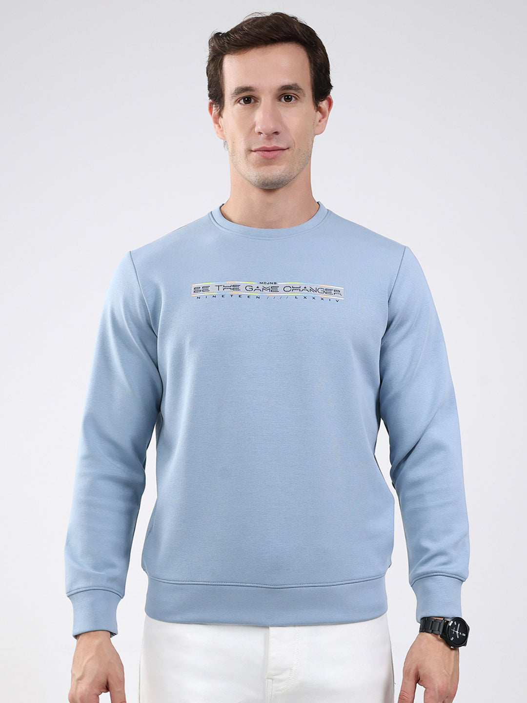Men Sky Blue Solid Round Neck Full Sleeve Sweatshirt