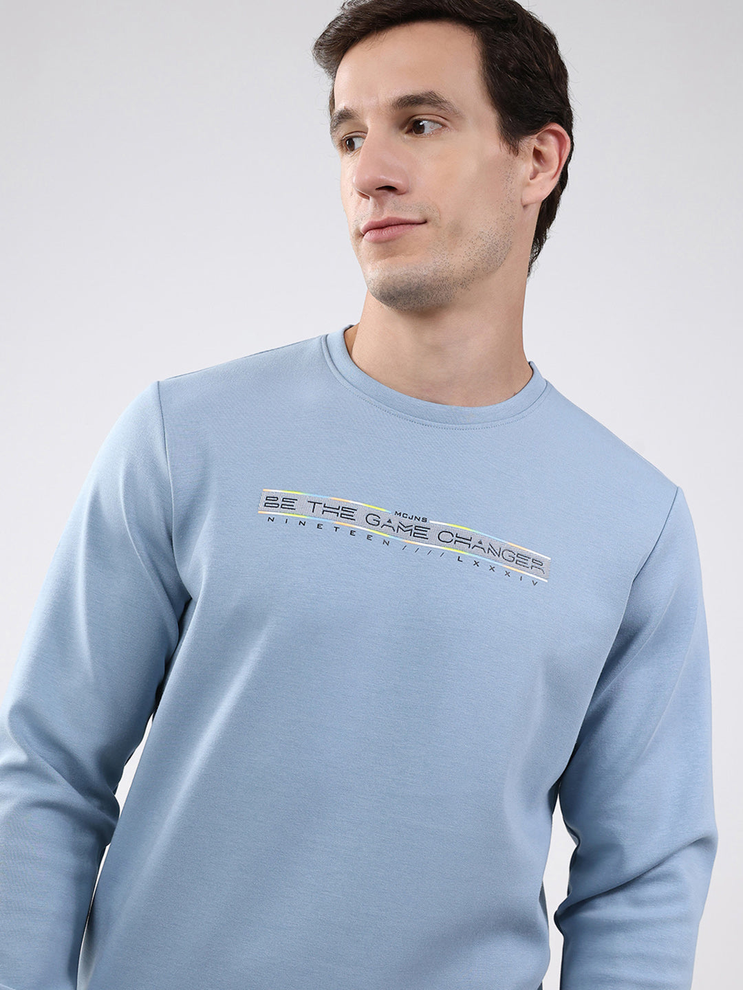 Men Sky Blue Solid Round Neck Full Sleeve Sweatshirt