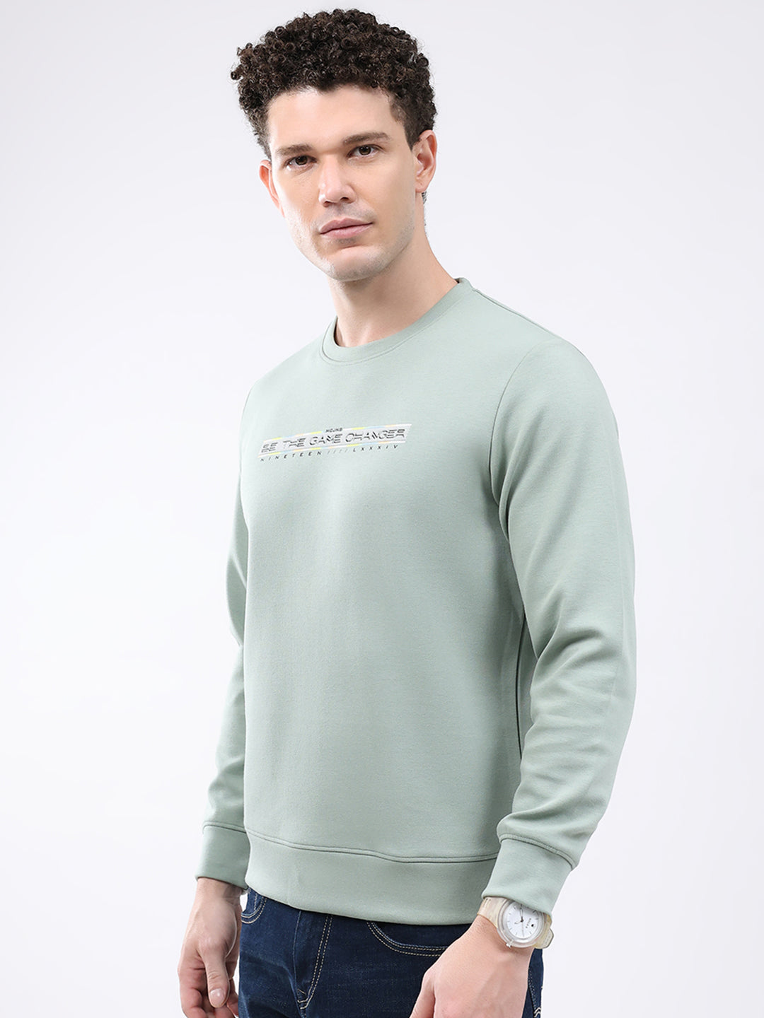 Men Green Solid Round Neck Full Sleeve Sweatshirt
