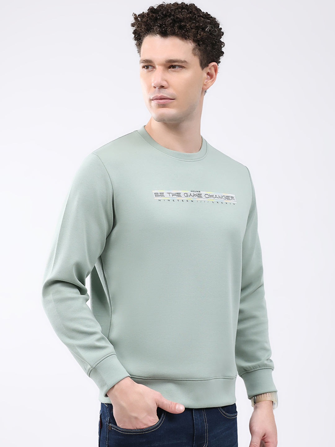 Men Green Solid Round Neck Full Sleeve Sweatshirt