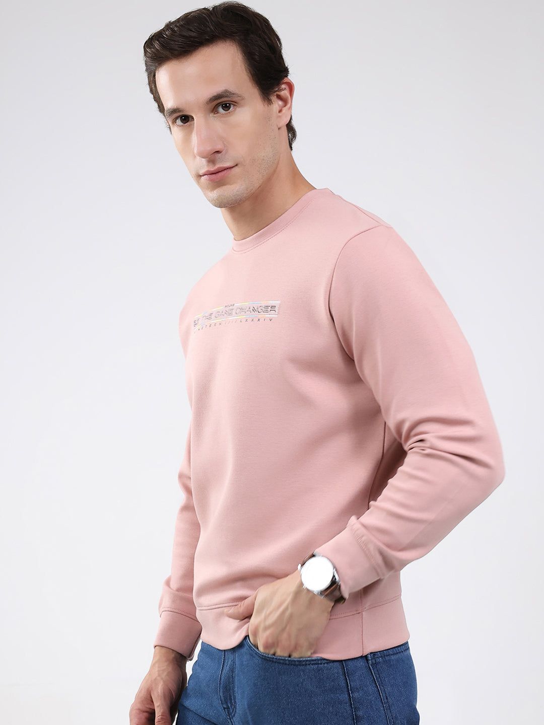 Men Peach Solid Round Neck Full Sleeve Sweatshirt