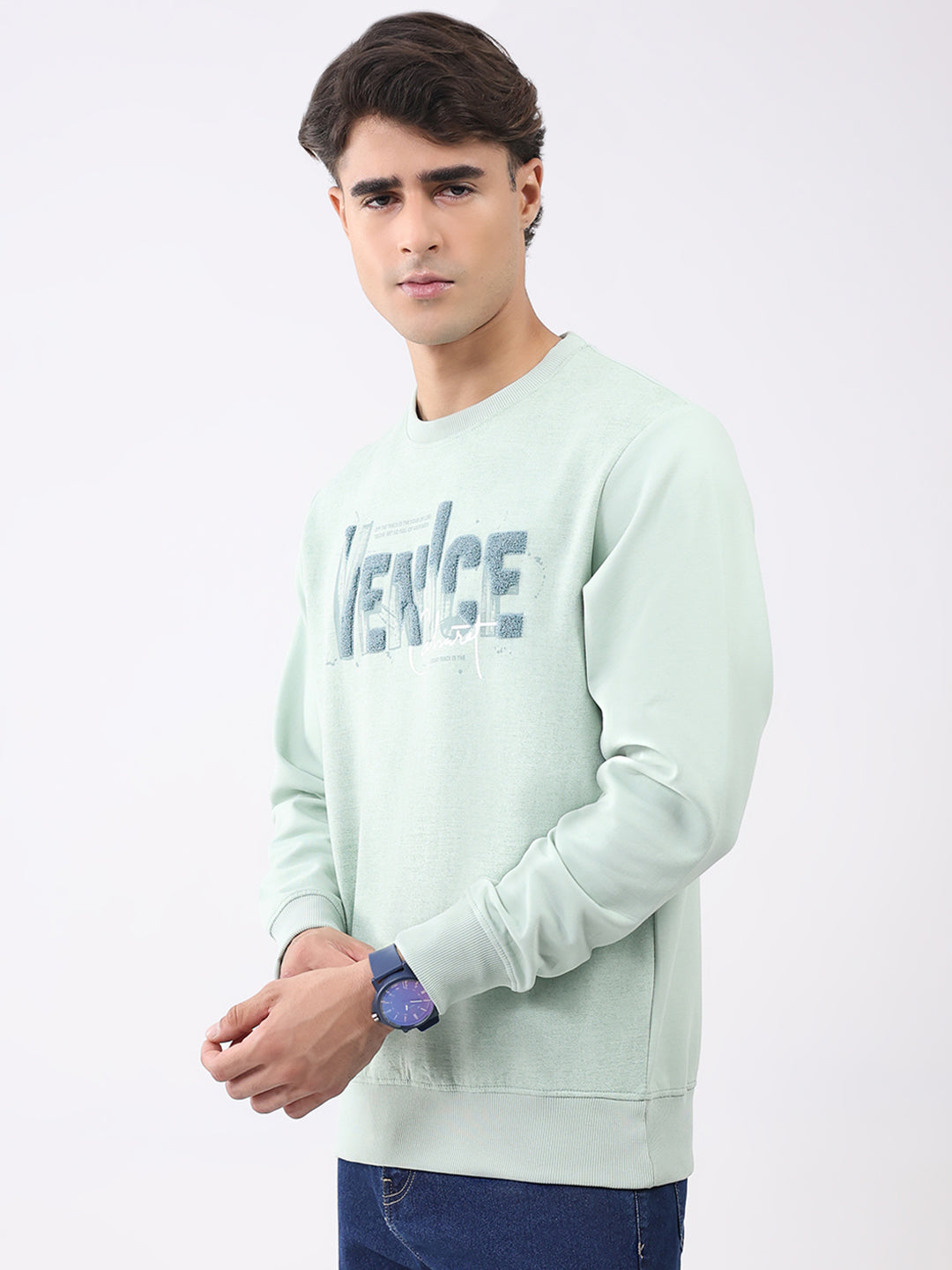 Men Green Printed Round Neck Full Sleeve Sweatshirt
