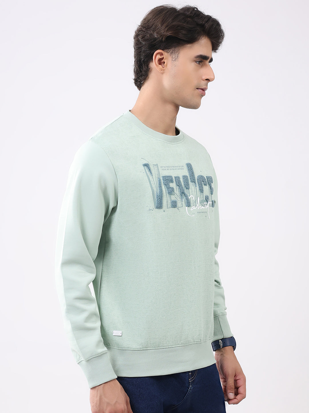Men Green Printed Round Neck Full Sleeve Sweatshirt
