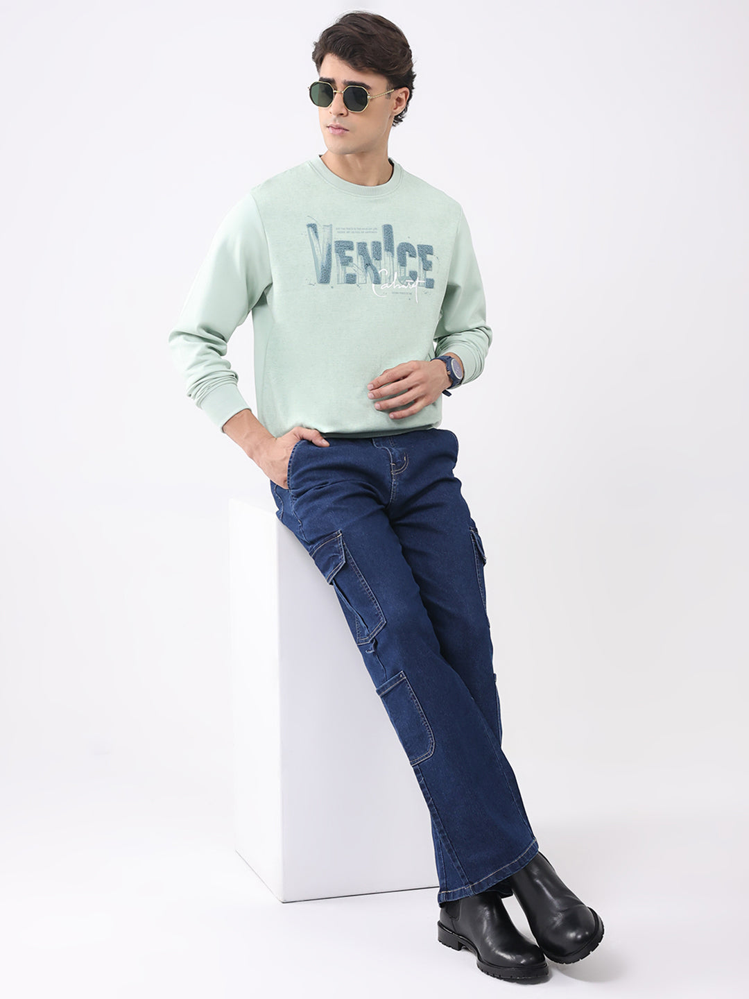 Men Green Printed Round Neck Full Sleeve Sweatshirt