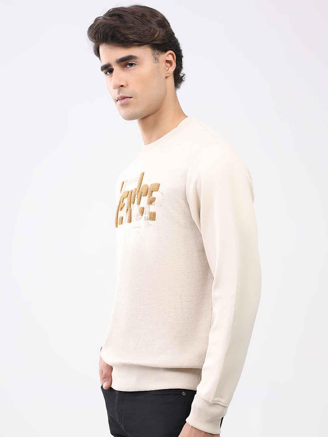 Men Beige Printed Round Neck Full Sleeve Sweatshirt