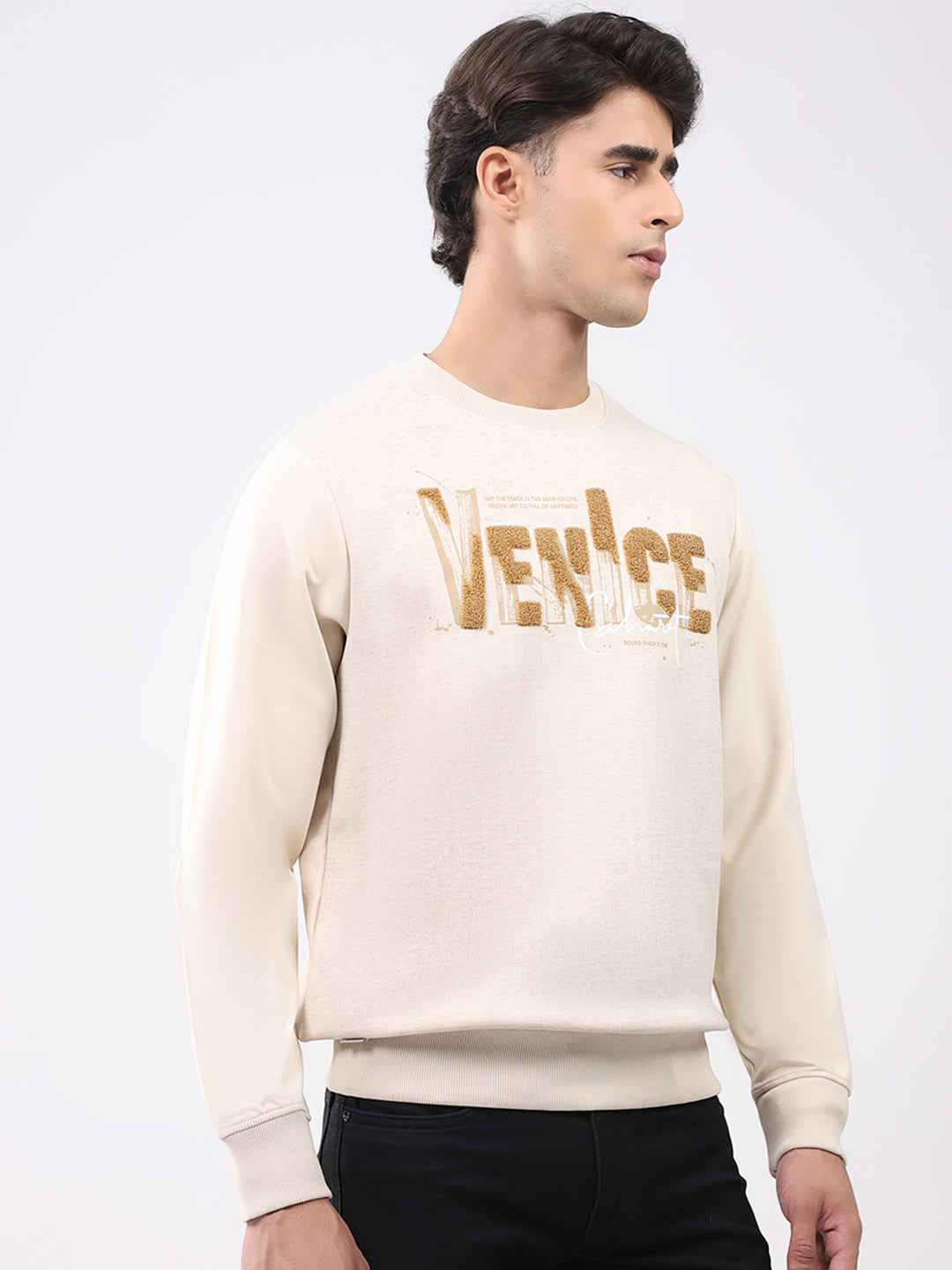 Men Beige Printed Round Neck Full Sleeve Sweatshirt