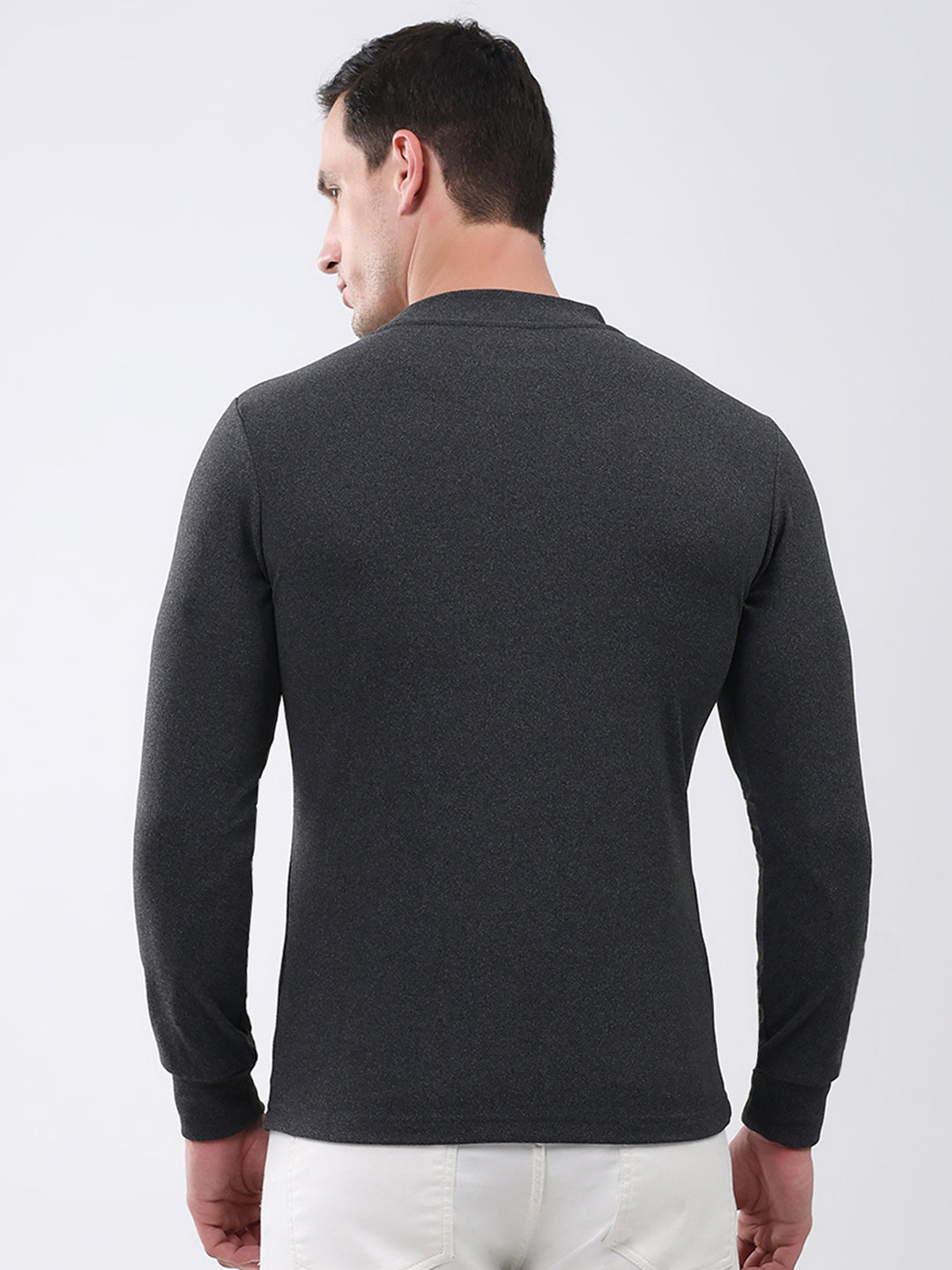 Men Charcoal Solid Round Neck Full Sleeve Winter T-Shirt