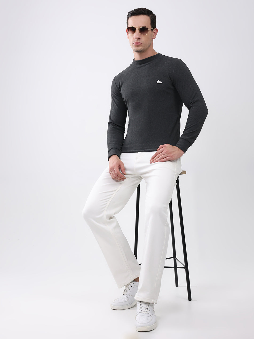 Men Charcoal Solid Round Neck Full Sleeve Winter T-Shirt